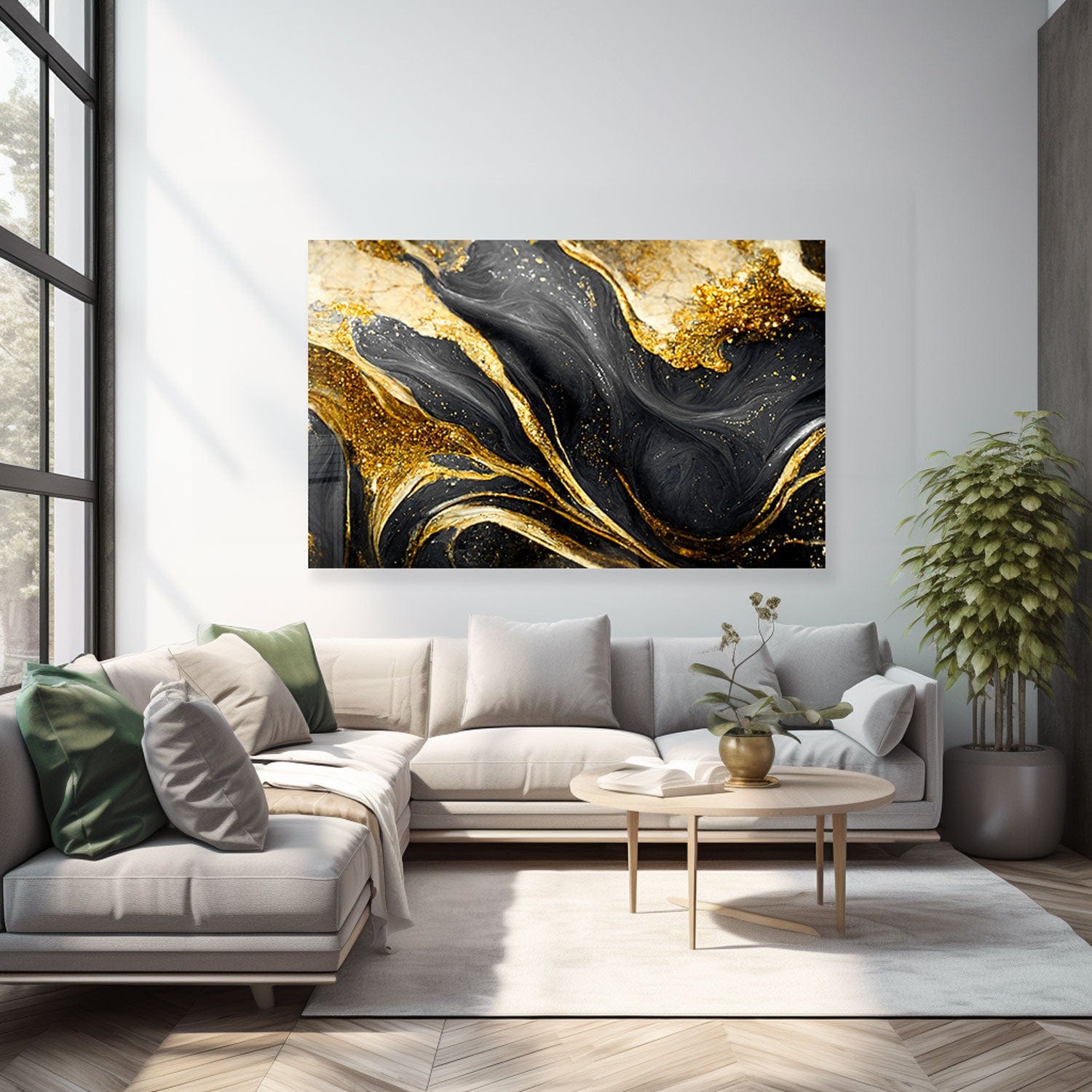 Golden Black Flower Tempered Glass Wall Art - Elegant Home Decor for Living Room, Bedroom & Office | Shatterproof & Stylish