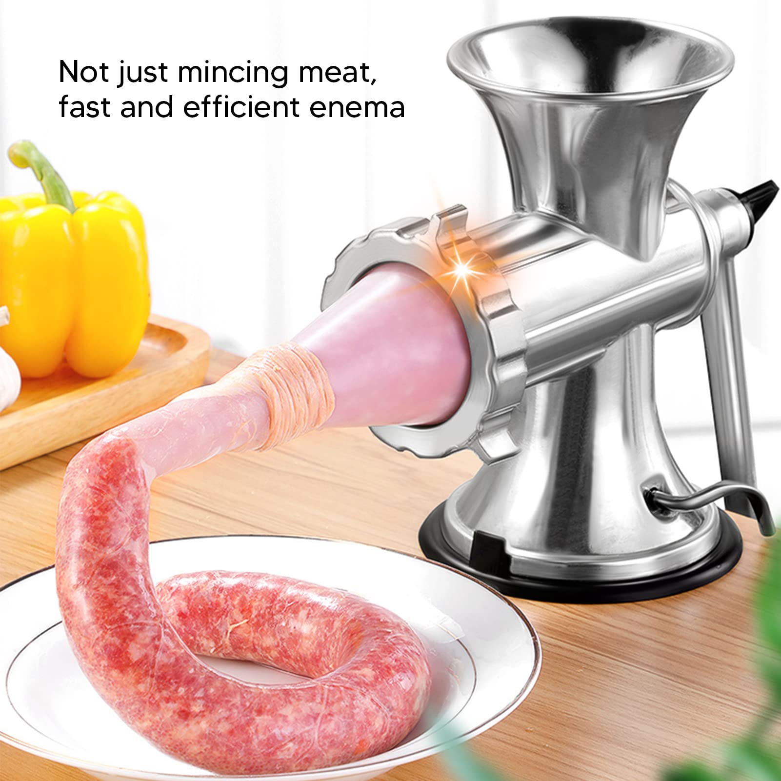Stainless Steel Manual Meat Grinder - Heavy Duty Aluminum Alloy Sausage Maker with Suction Cup Base | Perfect for Home Kitchen, Camping & Outdoor Cooking | Silver