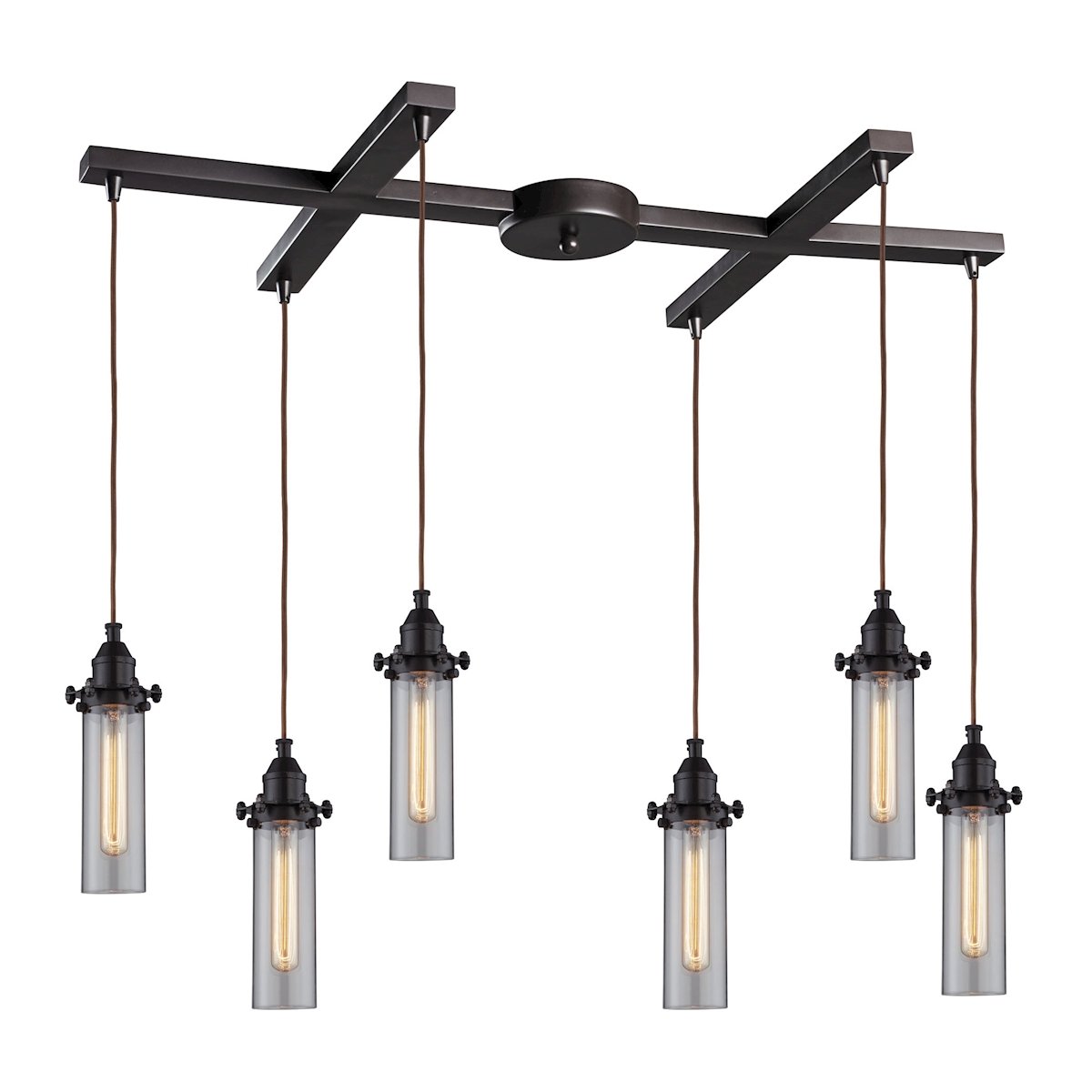 Fulton 6-Light H-Bar Pendant Light Fixture - Oil Rubbed Bronze Finish with Smoke Glass Shades | Perfect for Kitchen Island, Dining Room, and Entryway Lighting