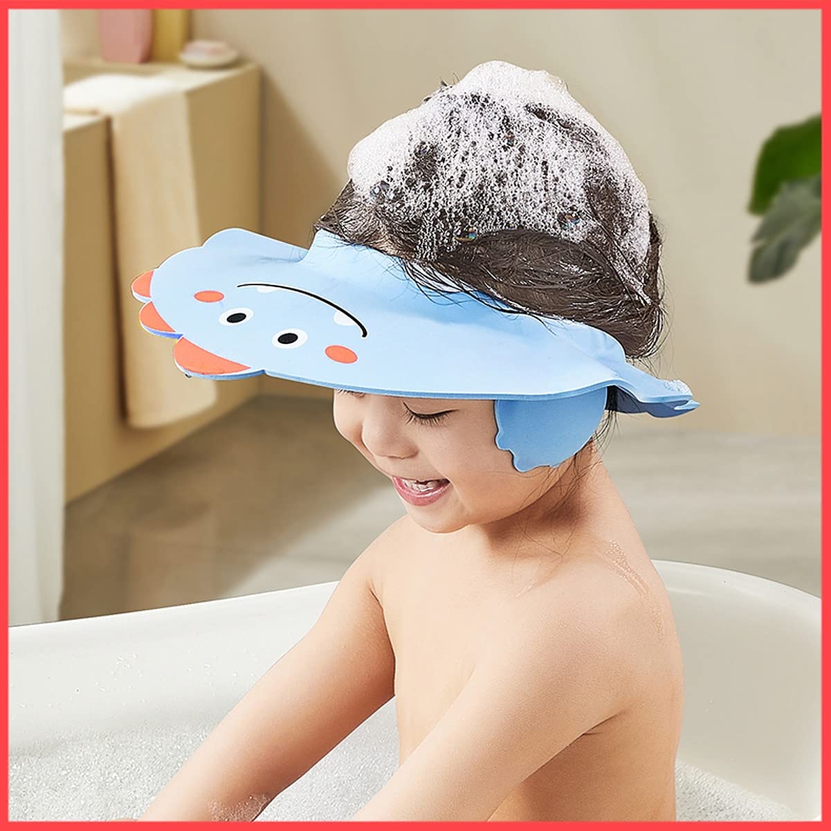 Wolpin Kids Adjustable EVA Foam Shower Cap - Soft Comfortable Bathing Cap for Baby & Toddler - Waterproof Eyes & Ears Protector for Safe Shower Time - Perfect for Bath Time, Swimming Lessons & Sensitive Skin Care