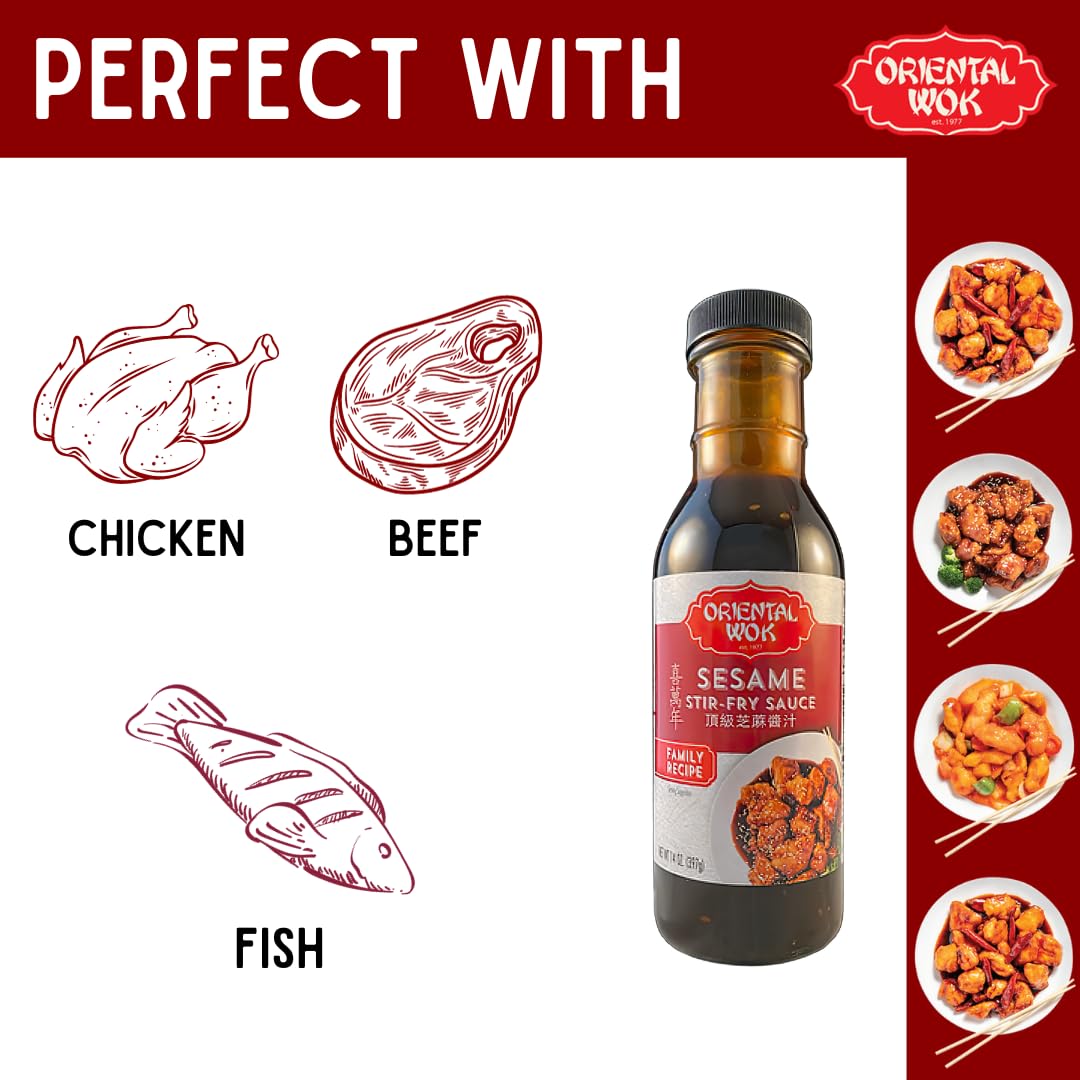 Premium Oriental Wok Gourmet Sesame Stir-Fry Sauce - Sweet & Umami Flavored Asian Cooking Sauce for Chicken, Shrimp, Steak & Tofu - 14oz Bottle - Perfect for Quick Weeknight Dinners & Authentic Asian Cuisine