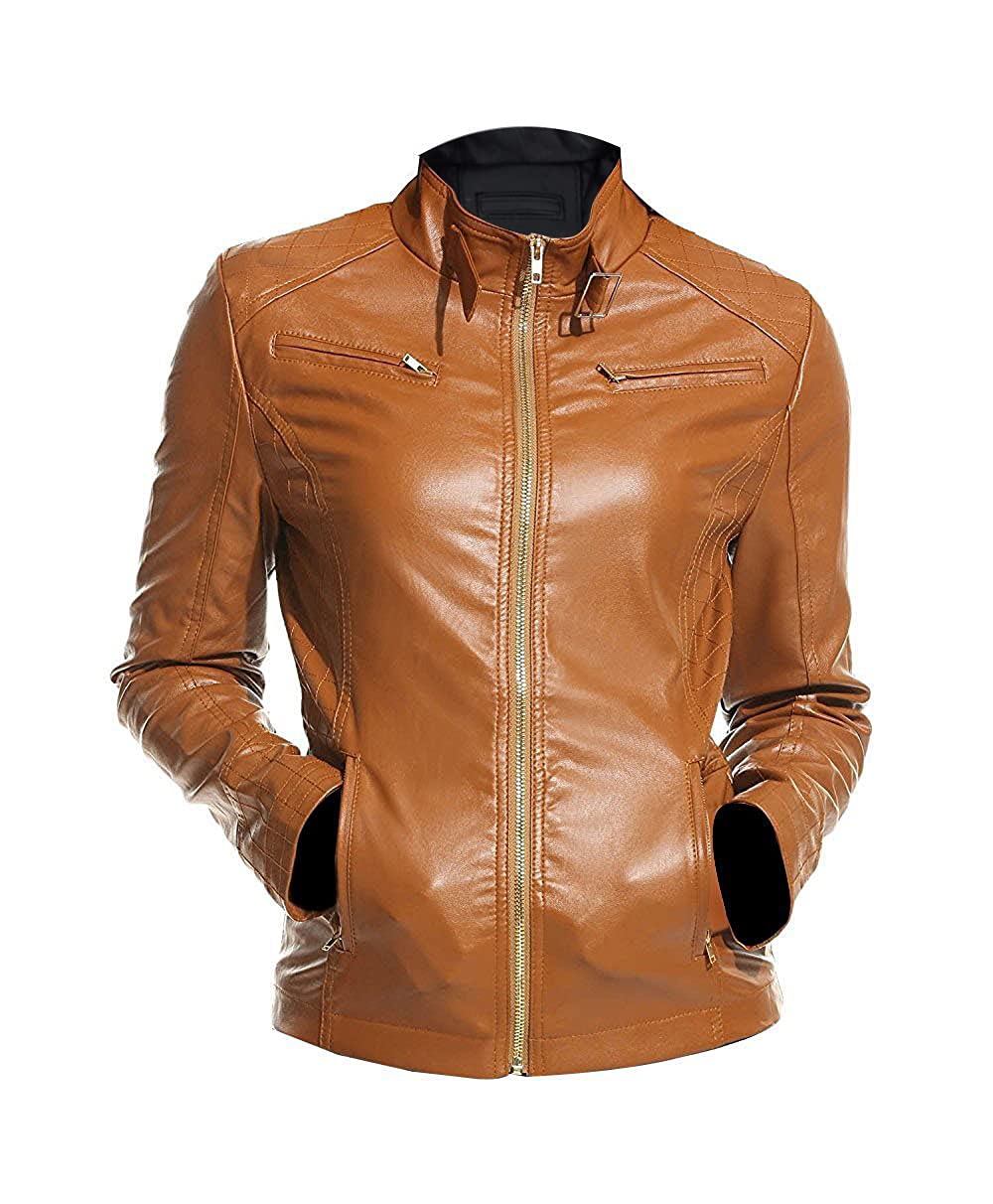 Stylish Women's Quilted Biker Faux Leather Jacket in Camel - Trendy Vegan Leather Motorcycle Jacket for Casual Outings & Nightlife
