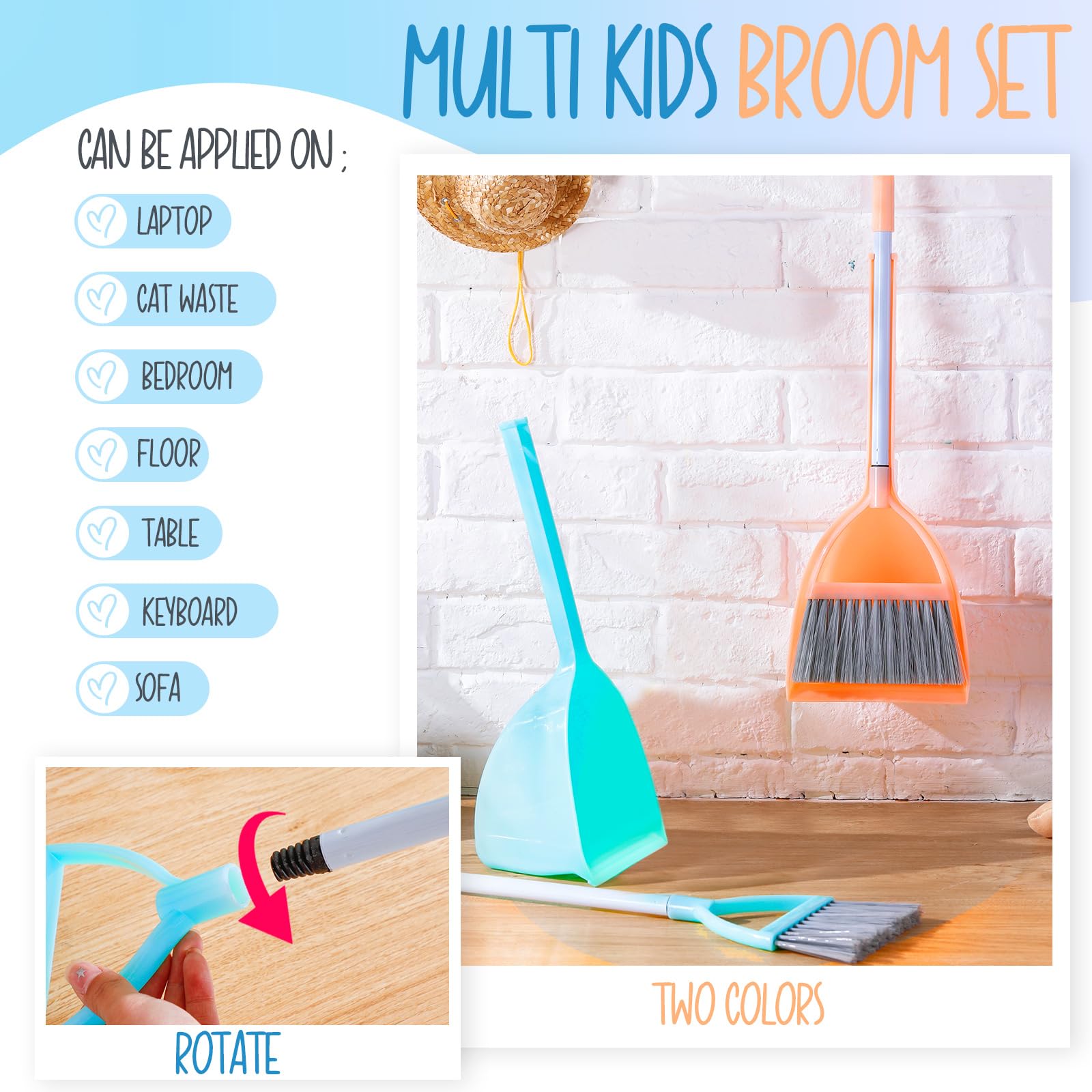 Roshtia 2-Piece Mini Broom and Dustpan Set for Kids - Toddler Cleaning Tools with Small Broom & Dustpan for Boys & Girls - Perfect for Kitchen, Bathroom, Pet Hair Cleaning (Blue & Red) - Ideal for Teaching Children Household Chores & Play Cleaning Activities