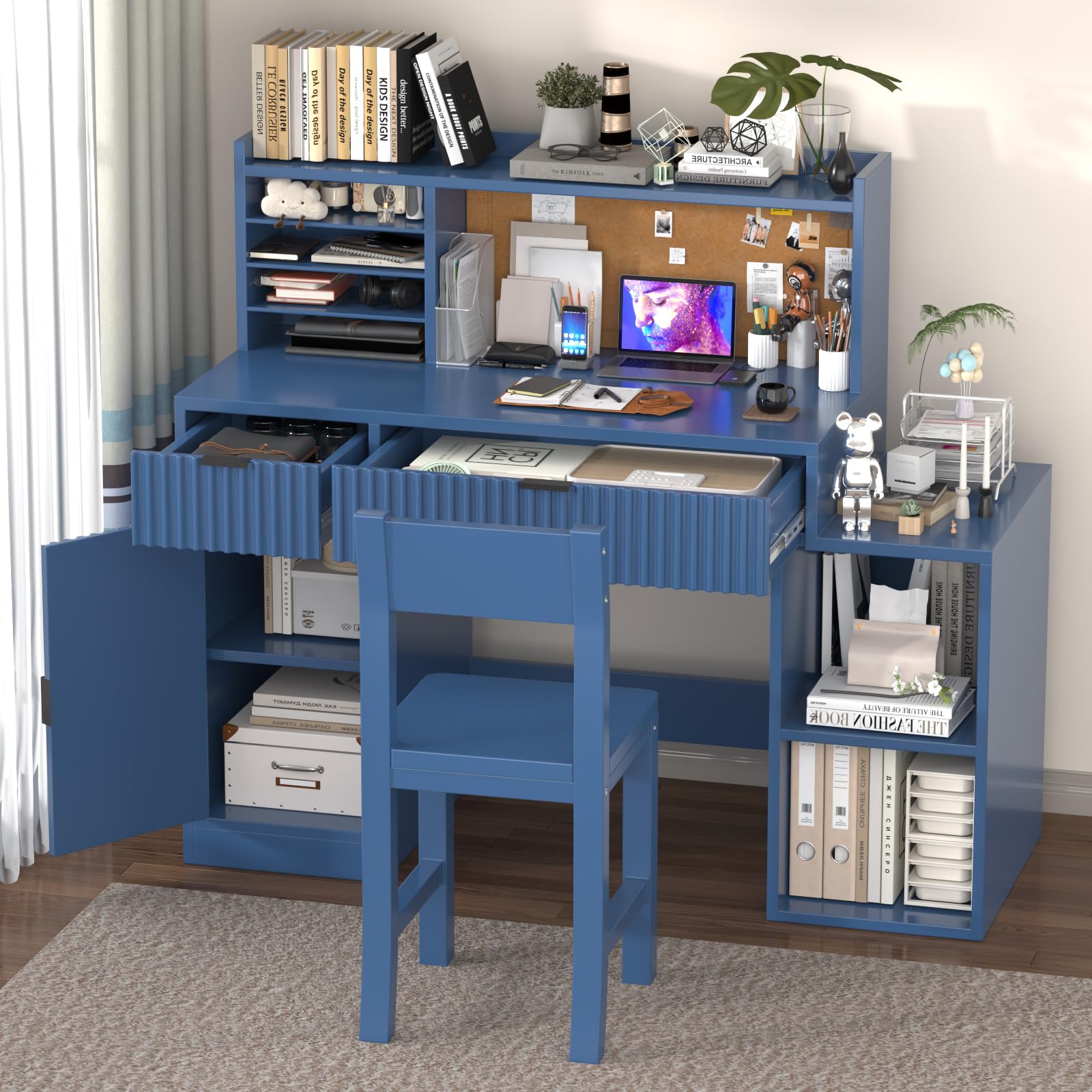 Blue Kids Computer Desk with Chair Set - Adjustable Study Desk for Children Ages 5-12, Includes Bulletin Board, Storage Drawers & Cabinets - Perfect for Homework, Online Learning & Bedroom Organization (Model B13)