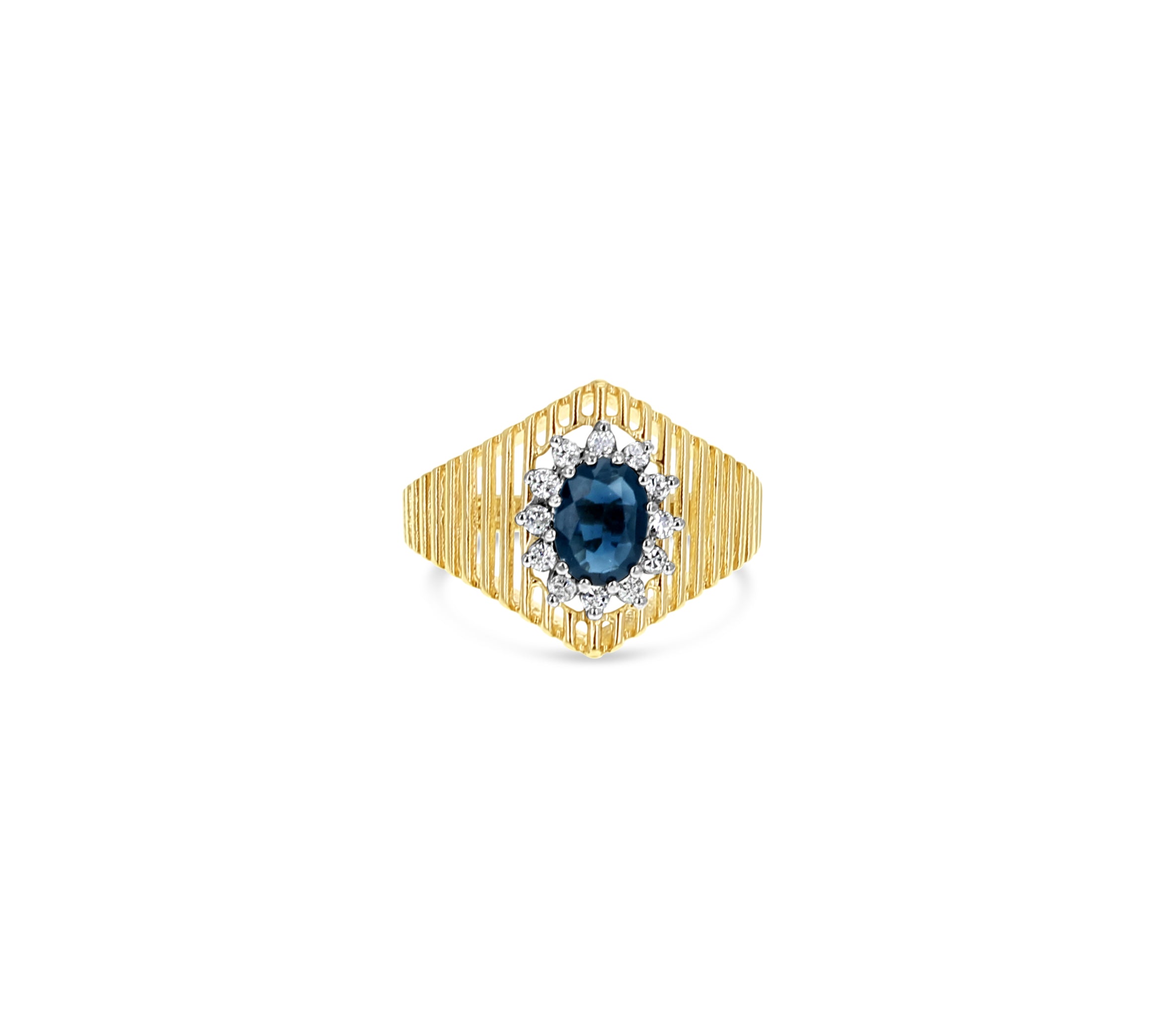14k Yellow Gold Sapphire Diamond Halo Cocktail Ring | Elegant Evening Party Jewelry for Women