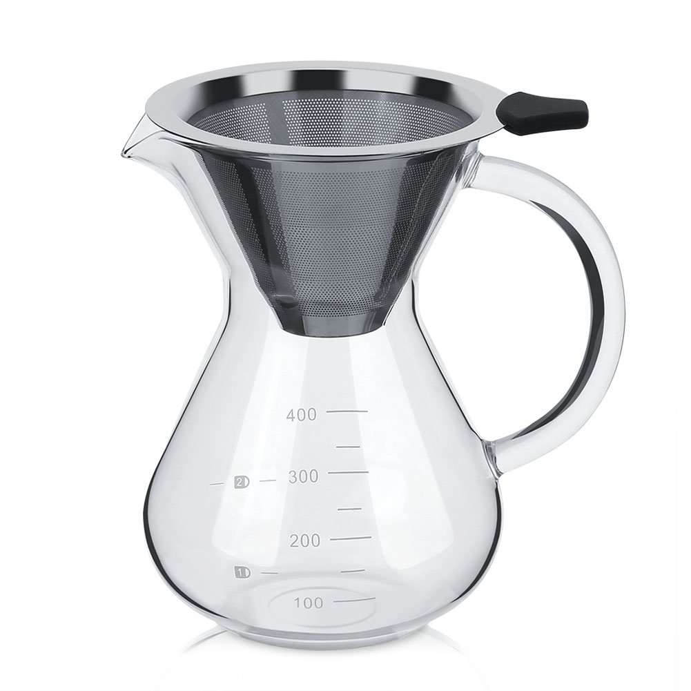 Premium 400ml Glass Pour Over Coffee Maker with Reusable Filter - Hand Drip Coffee Pot with Measuring Scale - Ideal for Home, Office & Camping Use