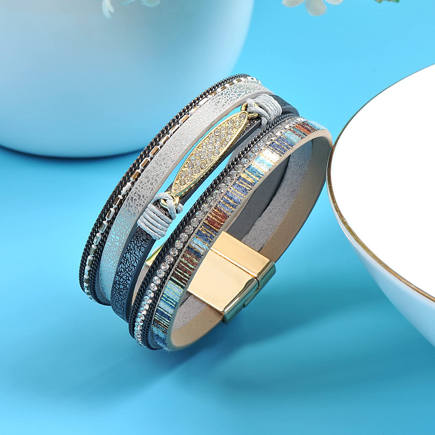 Boho Leather Wrap Bracelet with Crystal Beads - Trendy Layered Magnetic Clasp Jewelry for Women | Perfect for Festival, Yoga, and Everyday Boho Chic Style