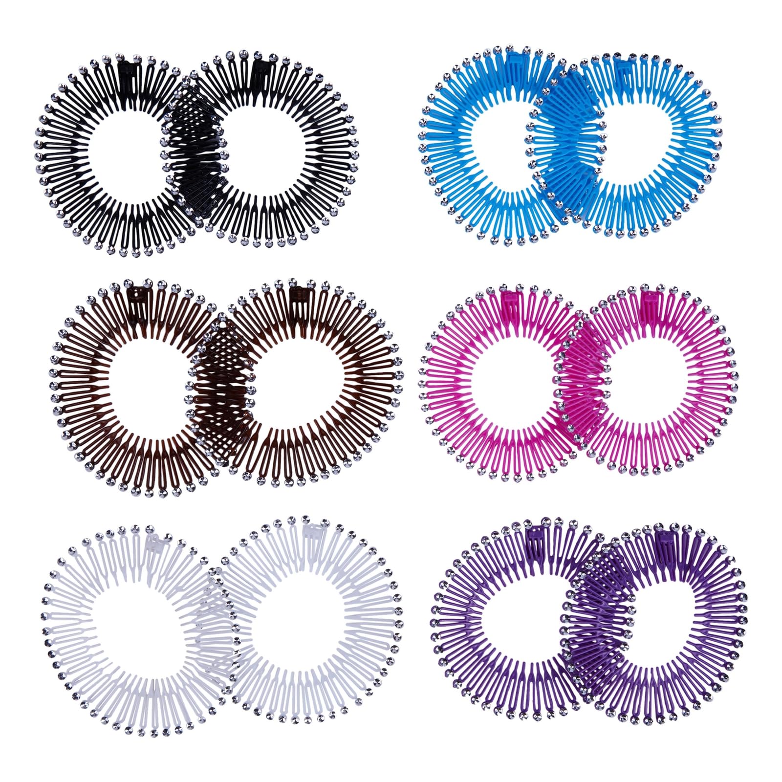 Glamlily 12 Pack Rhinestone Zig Zag Circle Headbands with Teeth Comb for Women - Non-Slip Hair Accessories in 6 Colors - Perfect for Weddings, Parties & Everyday Styling