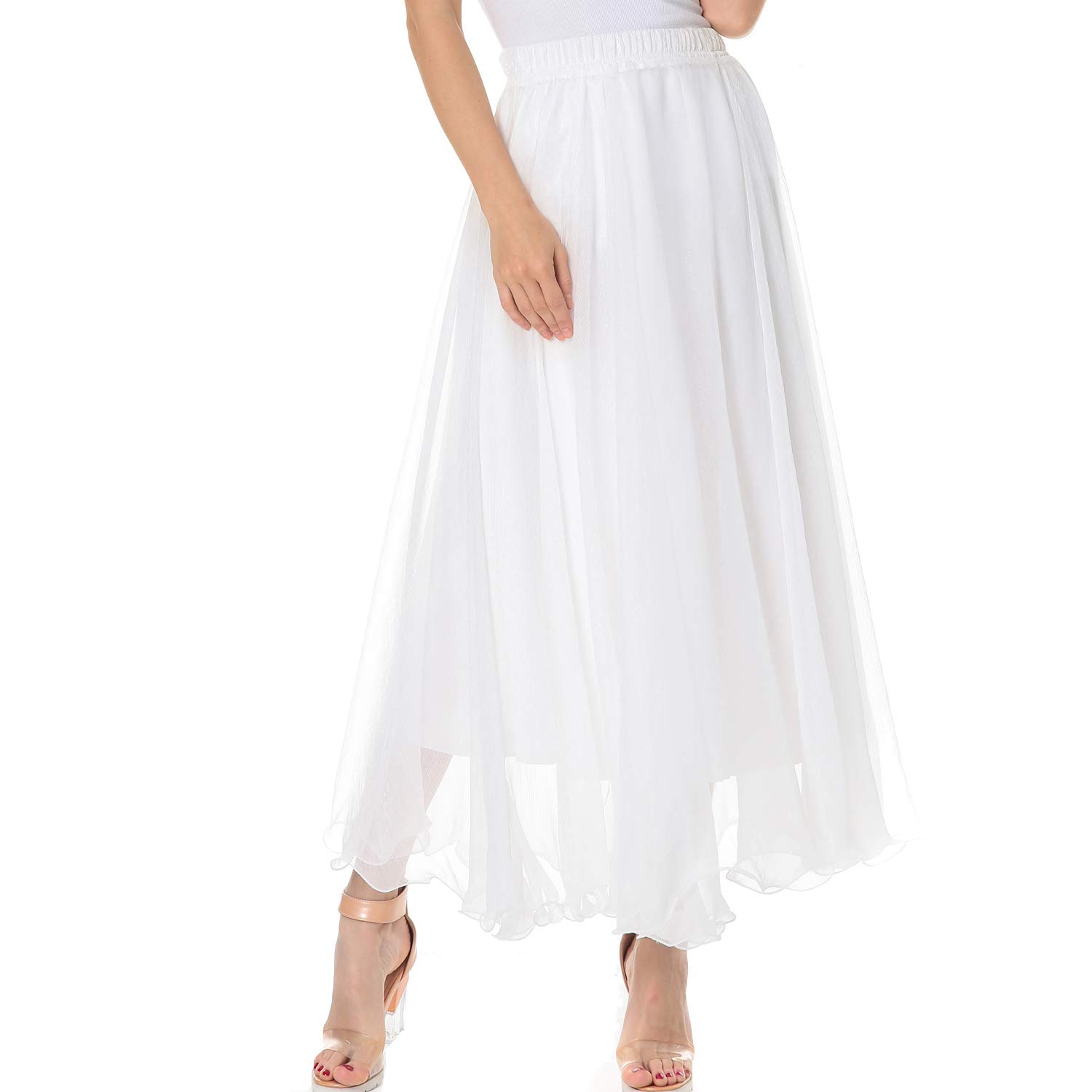 TEERFU Women's Summer Maxi Skirt - Elastic Waist Pleated Chiffon Long Skirt with Double Layer & Big Hem (Ankle/Full Length) for Beach, Vacation, and Casual Wear