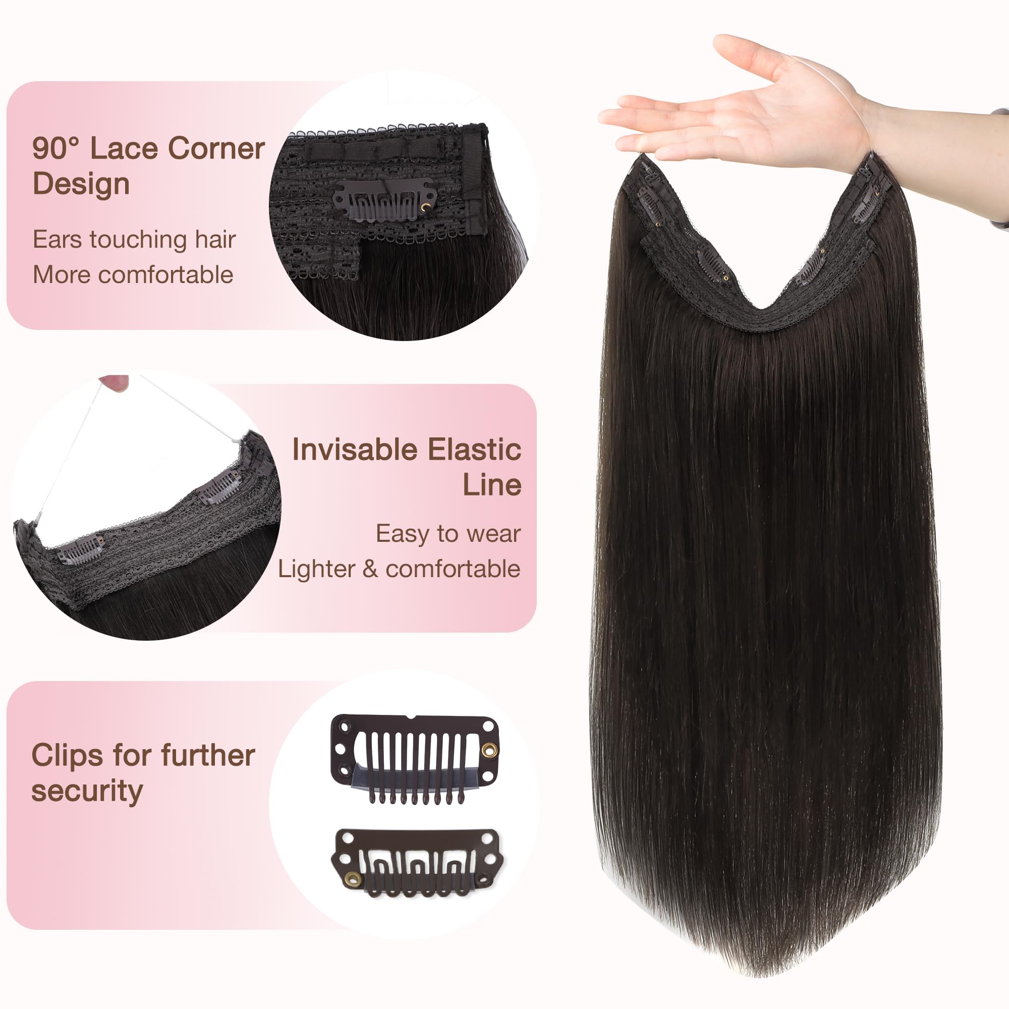 GOO GOO Human Hair Extensions 20 Inch Dark Brown - 110g Invisible Wire Hair Extensions with Transparent Seamless Fish Line for Natural Look | Perfect for Weddings, Parties & Everyday Styling