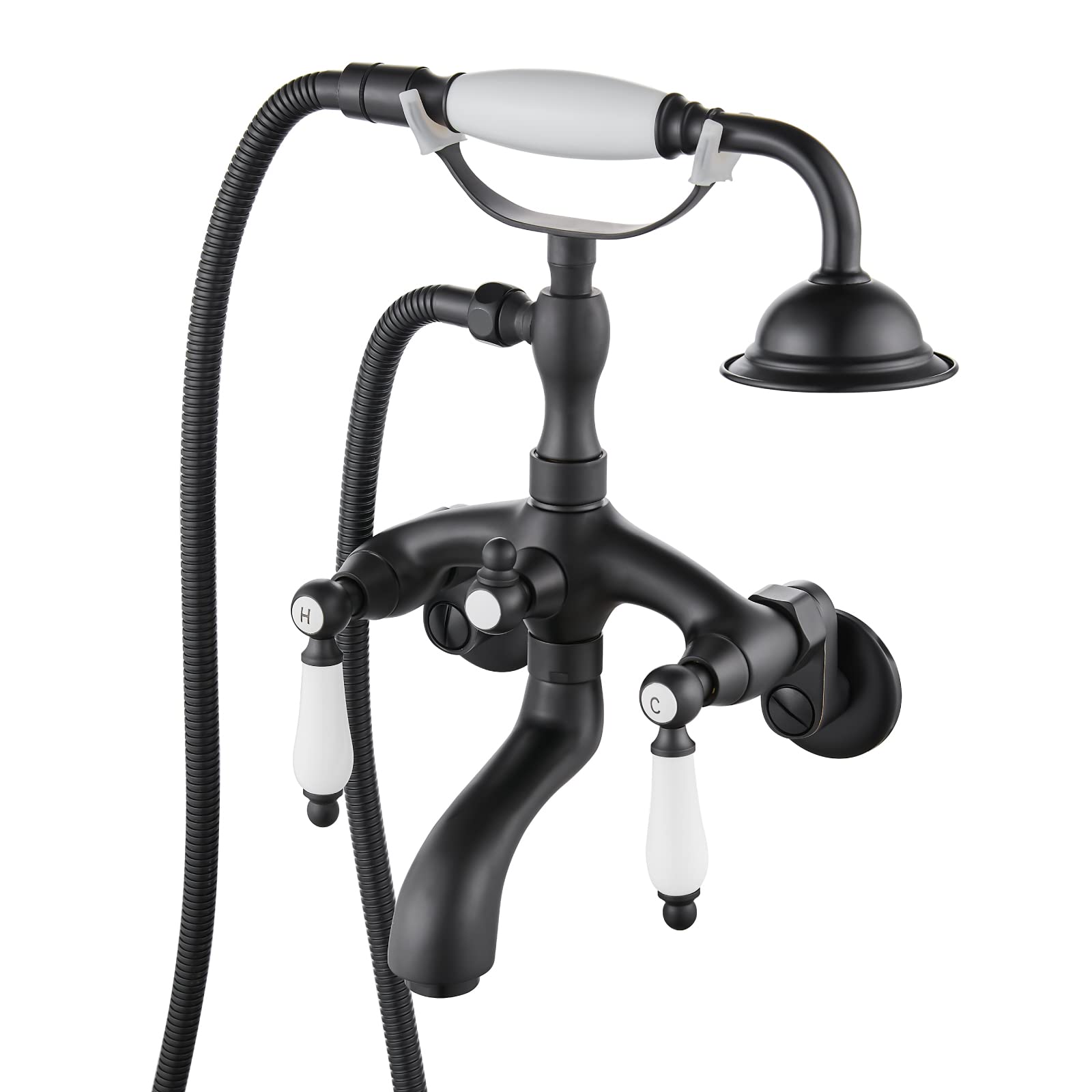 Gotonovo Matte Black Clawfoot Tub Shower Faucet System - Double Handle Wall Mount Bronze Ceramic Telephone Shaped Faucet with Hand Shower Sprayer for Vintage Bathroom & Luxury Spa Experience
