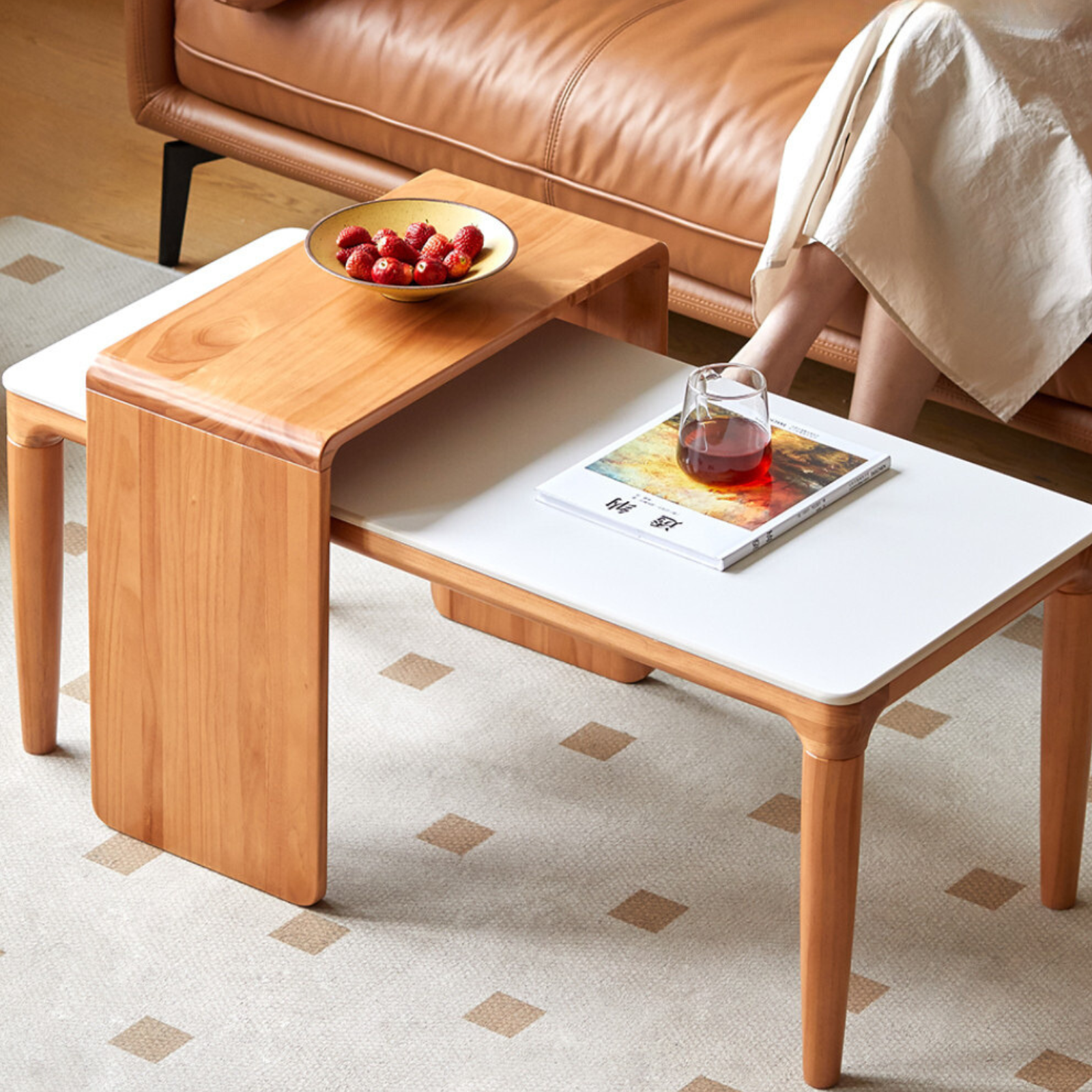Modern Pine Solid Wood Coffee Table with Rock Plate Design - Stylish and Durable Living Room Furniture for Home Decor