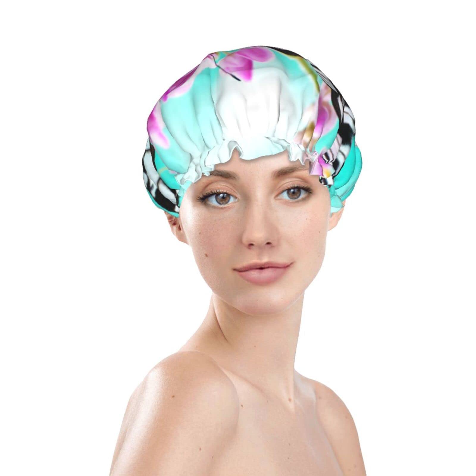 Waterproof Reusable Shower Cap for Women - Cute Butterfly Floral Design Bathing Hair Cap for Shower, Swimming & Spa (Pink)