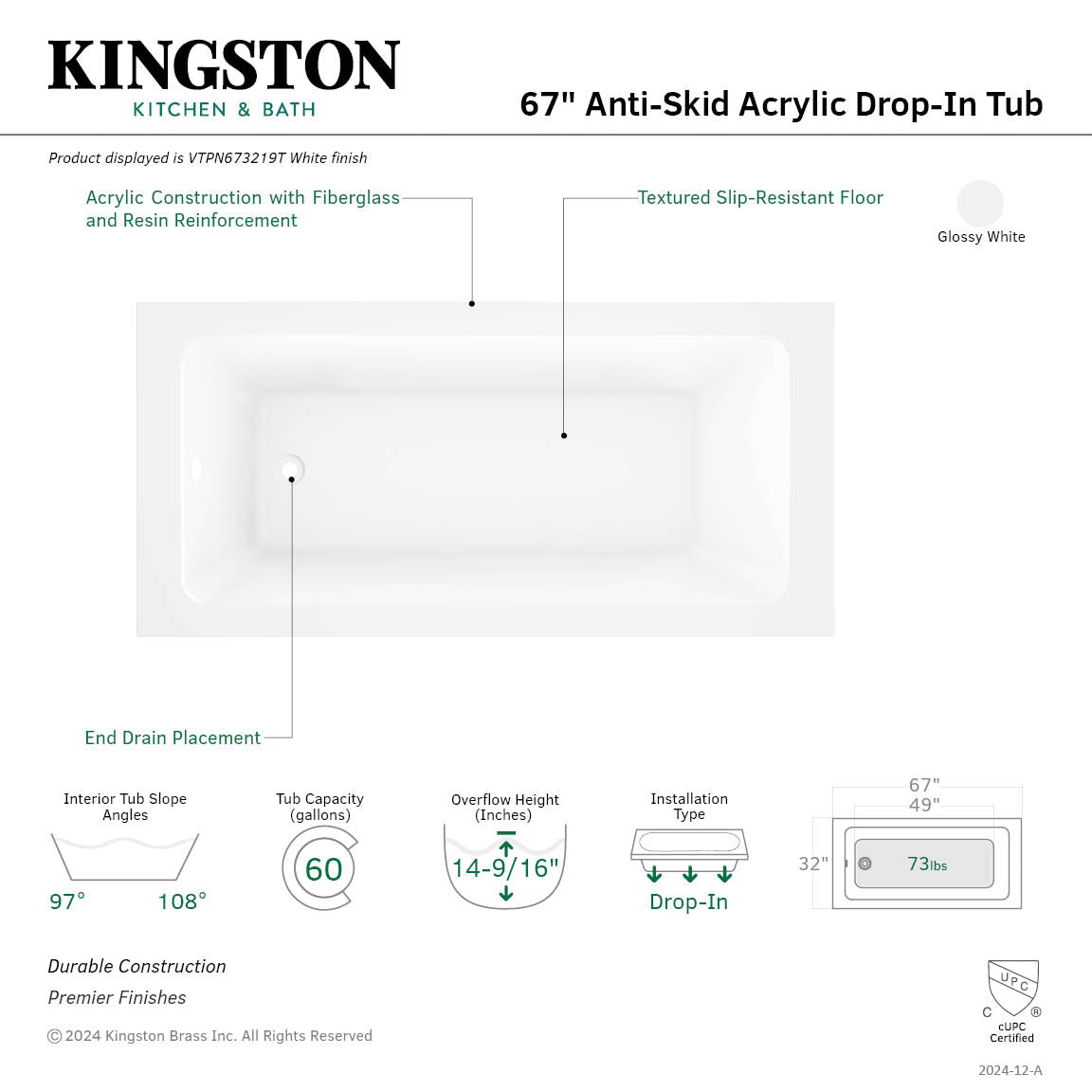 Aqua Eden 67-Inch Acrylic Rectangular Drop-In Bathtub with Anti-Slip Surface - Glossy White Freestanding Soaking Tub for Modern Bathroom Renovation & Spa Relaxation