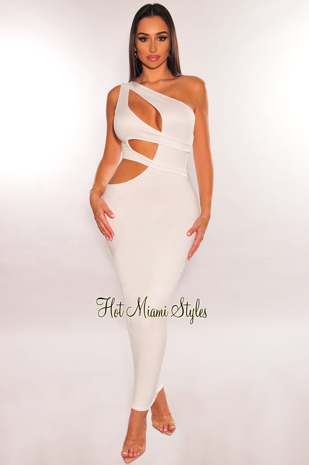 Elegant White One Shoulder Cut Out Midi Dress for Women - Sexy Party, Cocktail & Evening Wear - Perfect for Weddings, Date Nights & Special Occasions