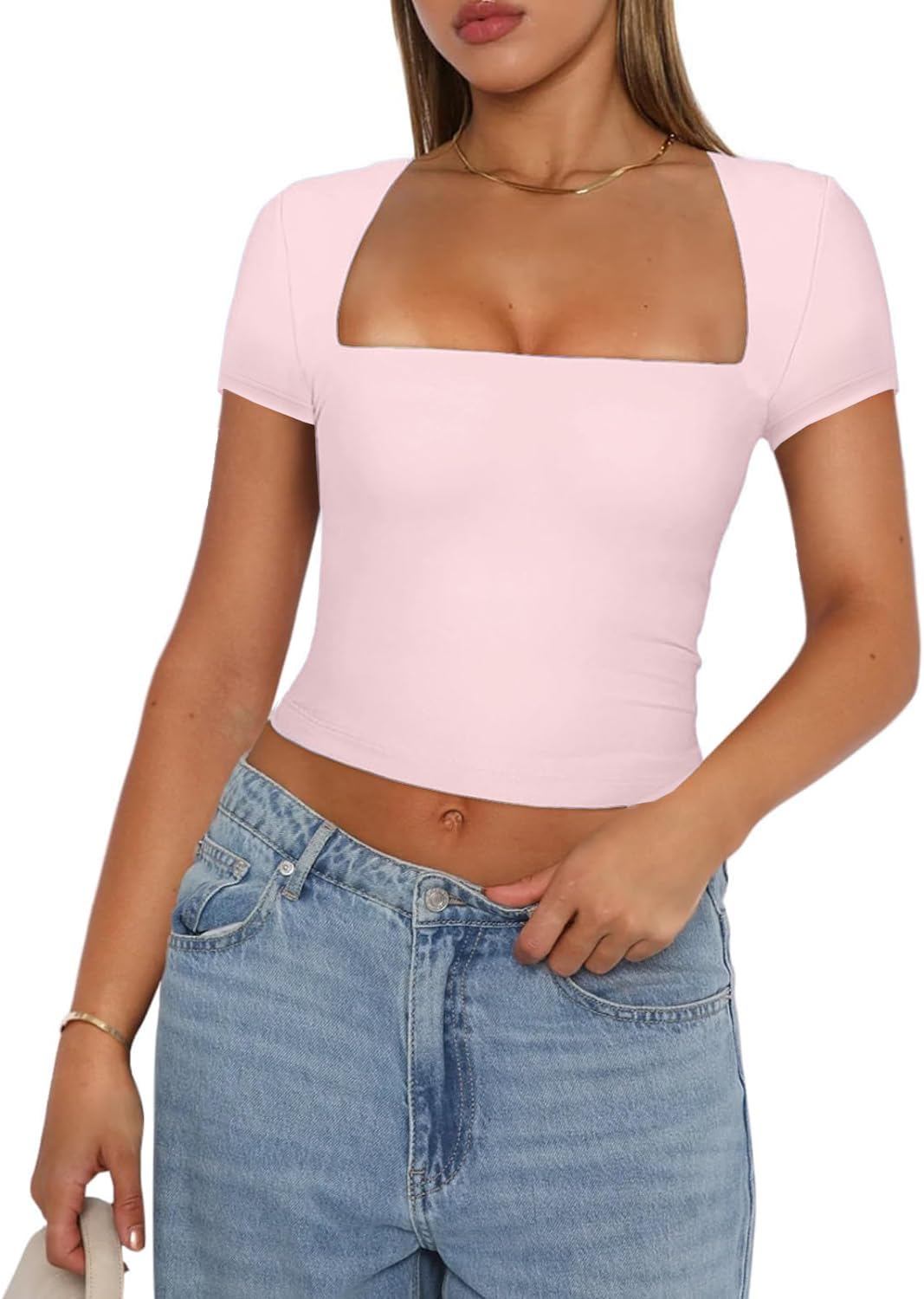 Women's Square Neck Short Sleeve Crop Top - Slim Fit Basic Tee Shirt for Summer | Casual Going Out Tops, Beach Wear & Street Style Fashion
