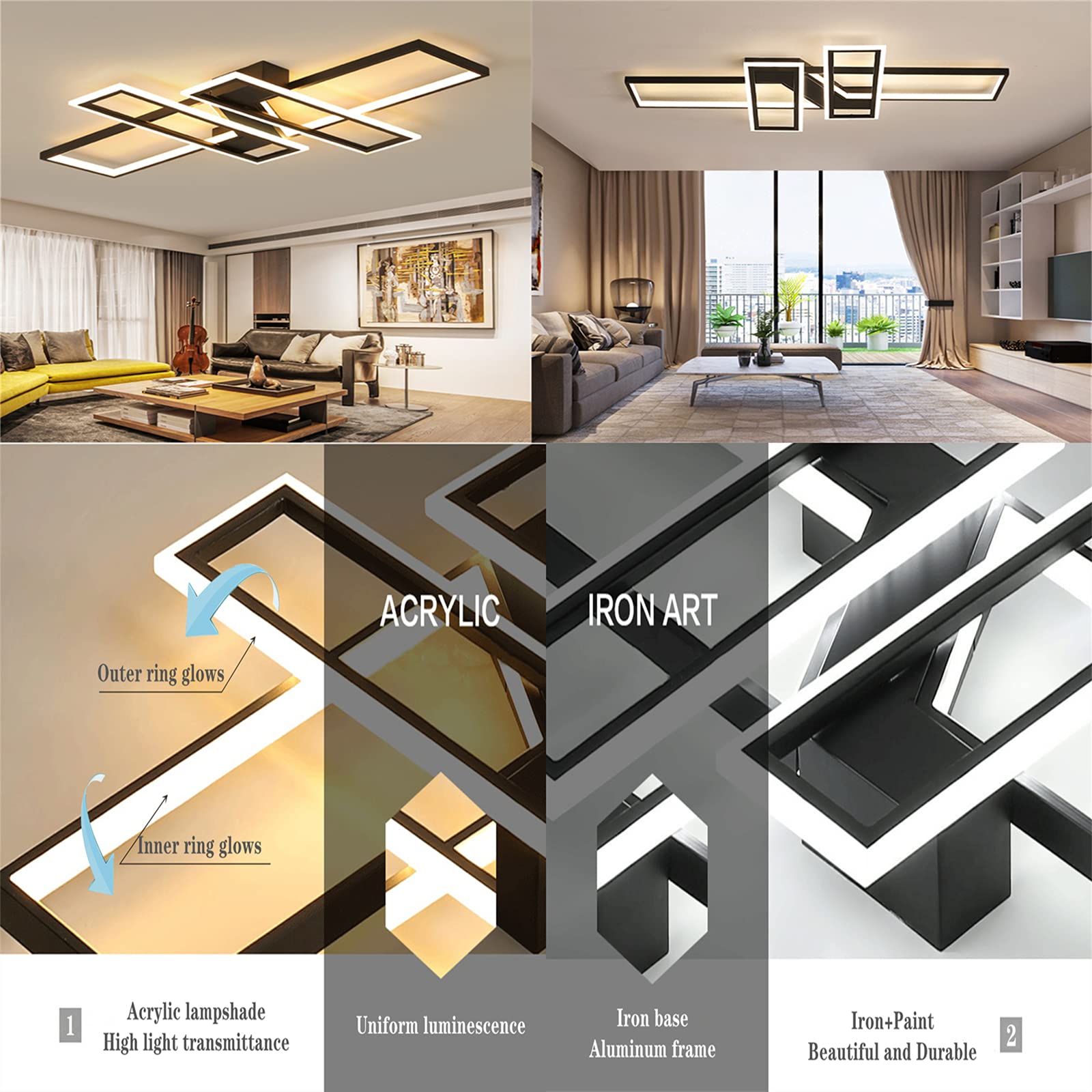 35.4 Inch Modern Black Dimmable LED Ceiling Light Fixture - 94W Rectangular Chandelier with Remote Control, Flush Mount Geometric Lighting for Dining Room, Living Room & Bedroom | Perfect for Contemporary Home Decor and Ambient Lighting