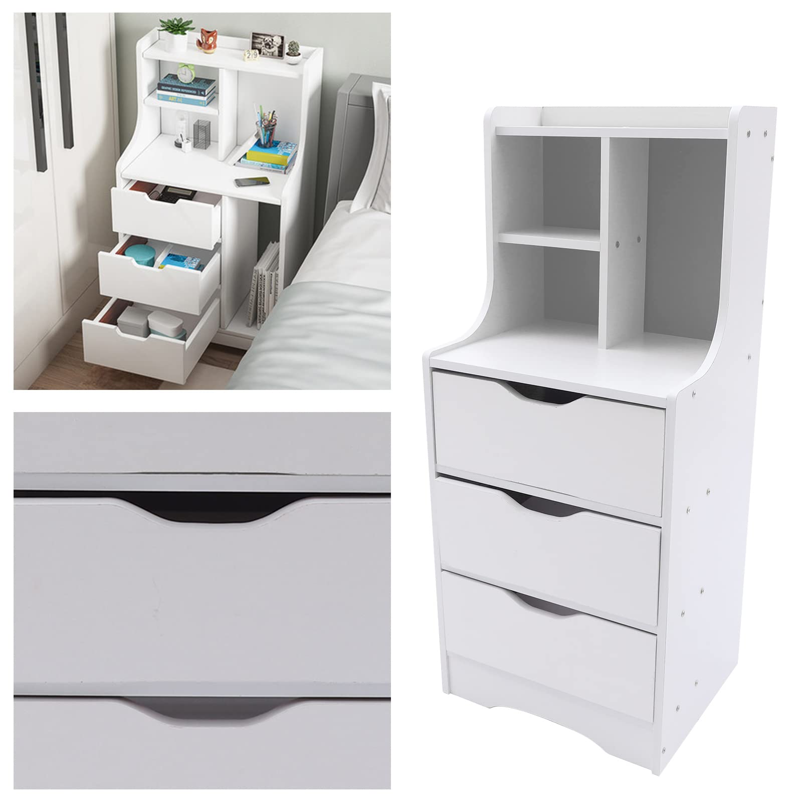 3-Drawer White Bedside Table with Open Shelf - Compact Nightstand, Bedroom Storage Cabinet Organizer - Perfect for Small Spaces, Apartment Living & Home Office Organization
