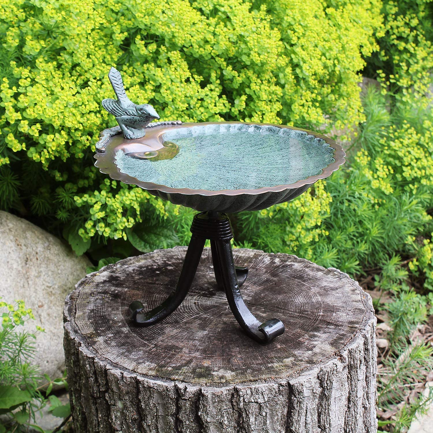 BBM-01-TR Antique Brass Plated Scallop Shell Birdbath with Tripod Stand - Outdoor Garden Decor for Birds, Patio & Backyard