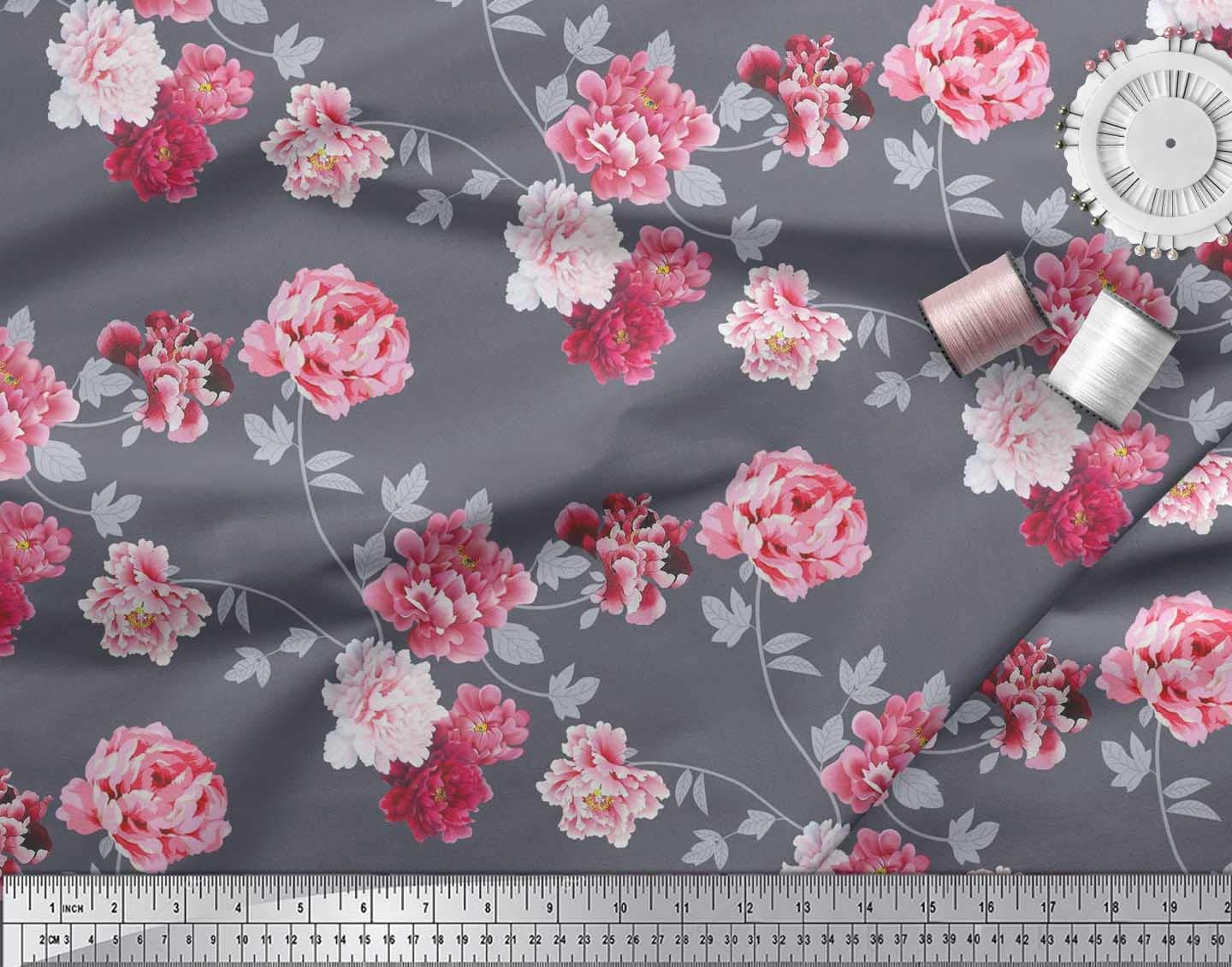 Soimoi Moss Georgette Brown Floral Fabric by The Yard - 42 Inch Wide Printed Textile with Roses & Leaves Design - Elegant Material for Dresses, Curtains, DIY Crafts & Home Decor