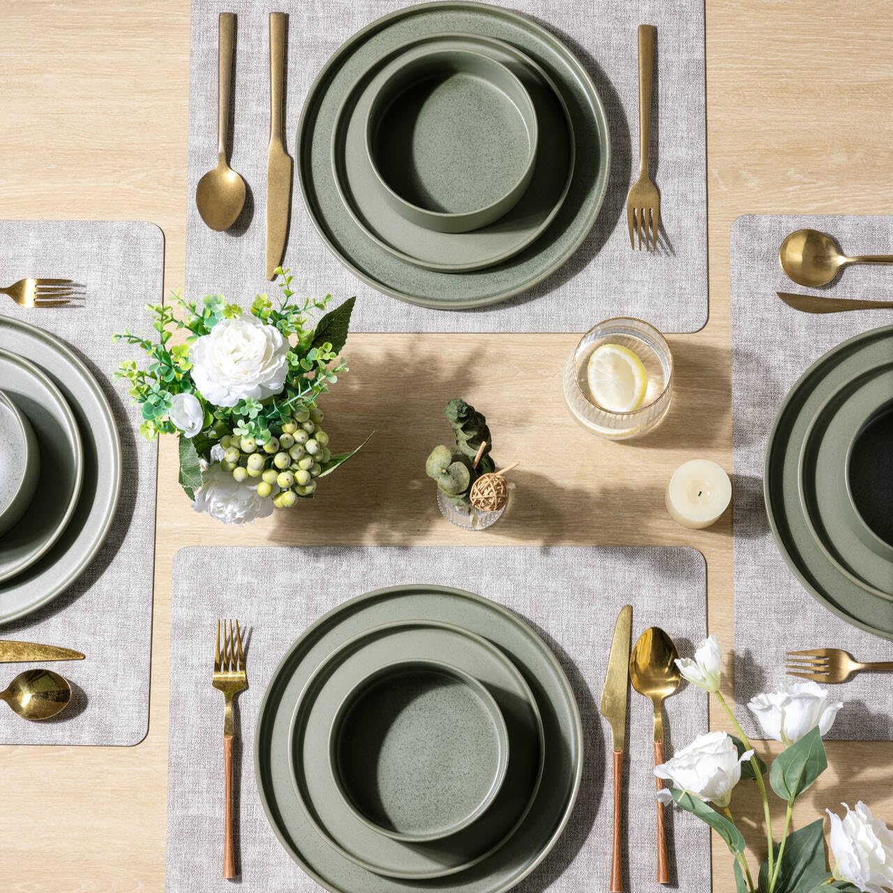 GBHOME 16-Piece Ceramic Dinnerware Set for 8 - Stoneware Plates & Bowls, Chip & Scratch Resistant, Dishwasher/Microwave/Oven Safe, Reactive Glaze Green - Perfect for Family Dinners, Restaurants & Holiday Entertaining