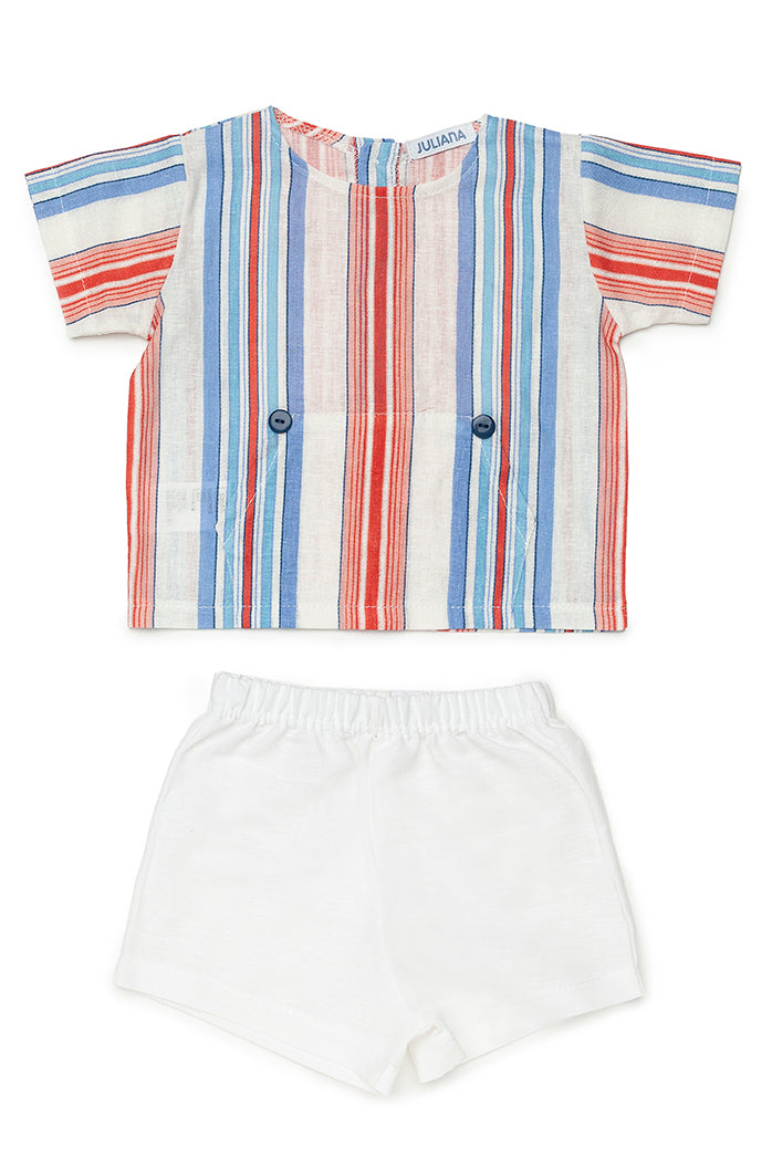 Sebastian Dusky Blue & Red Striped Shirt & Shorts Set for Men | Casual Summer Outfit | Perfect for Beach, Vacation & Outdoor Activities