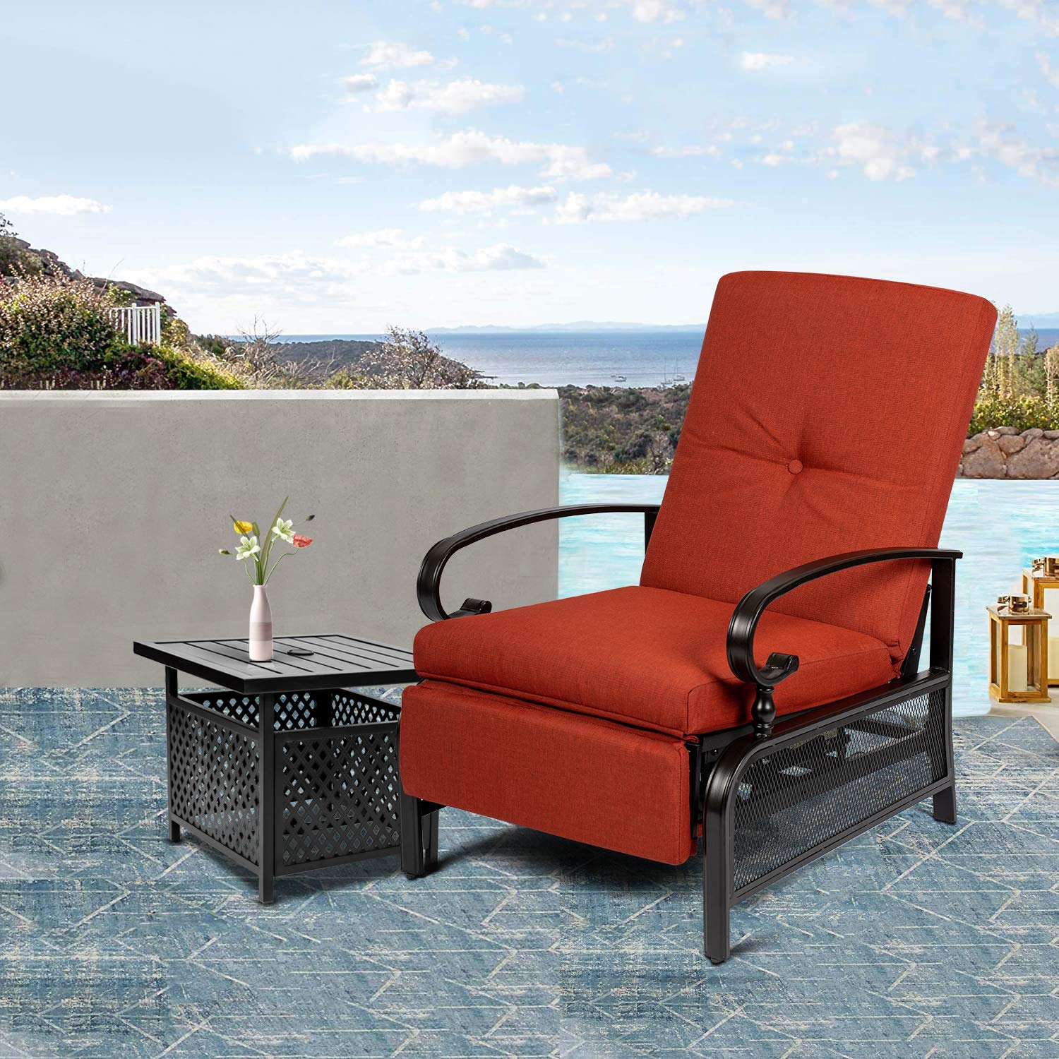 Crownland 2-Piece Outdoor Lounge Chair Set with Adjustable Reclining Patio Chairs & Umbrella Bistro Table - Durable Metal Furniture with Water-Resistant Cushions (Red) - Perfect for Poolside, Garden, Patio & Backyard Relaxation