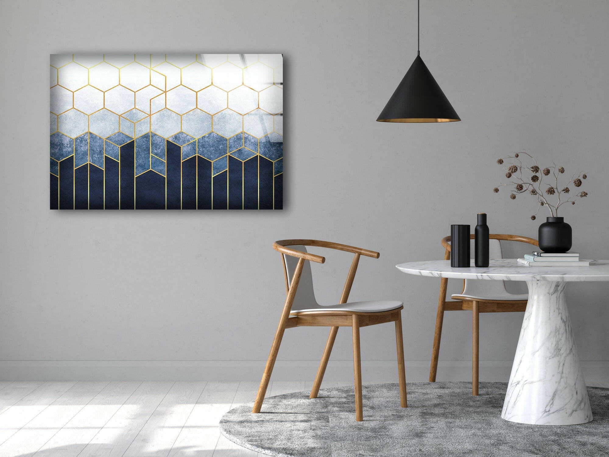 Blue Hexagons Abstract Glass Wall Art - Modern Geometric Home Decor for Living Room, Bedroom & Office