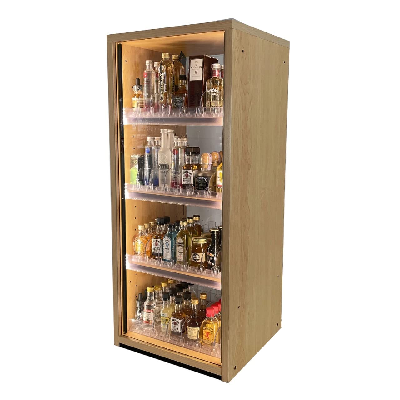 Commercial LED Lighted Retail Display for 50ml Mini Liquor Bottles - Oak Woodgrain MDF Countertop Showcase for Airplane Shots & Alcohol Nips - Perfect for Bars, Liquor Stores & C-Stores