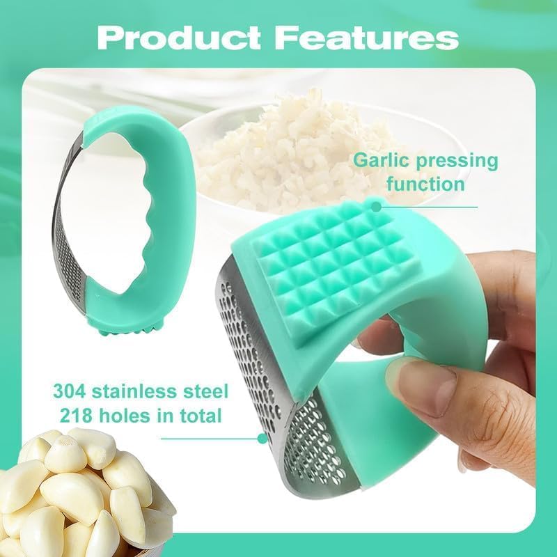 Stainless Steel Garlic Press Set with Peeler & Brush - Kitchen Tool for Smashing Garlic