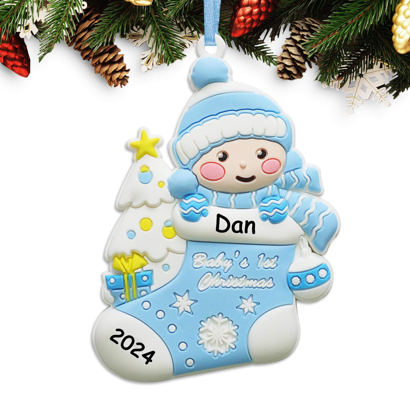 Personalized Baby Boy's First Christmas Ornament 2024 - Custom Handwritten Keepsake for Newborn Boys - Christmas Tree Decoration - Free Engraving - Perfect for Baby's 1st Christmas, Holiday Gifts & Family Keepsakes