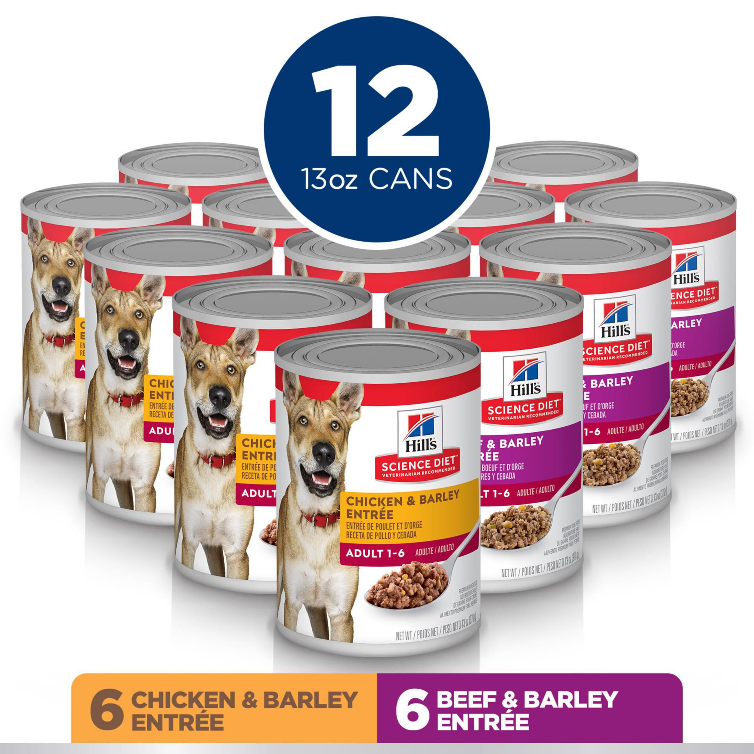 Hill's Science Diet Adult 1-6 Premium Nutrition Wet Dog Food Variety Pack - Chicken & Barley, Beef & Barley Loaf (13oz Cans, Pack of 12) | Complete Balanced Diet for Adult Dogs | Perfect for Mealtime, Training Rewards & Travel Feeding