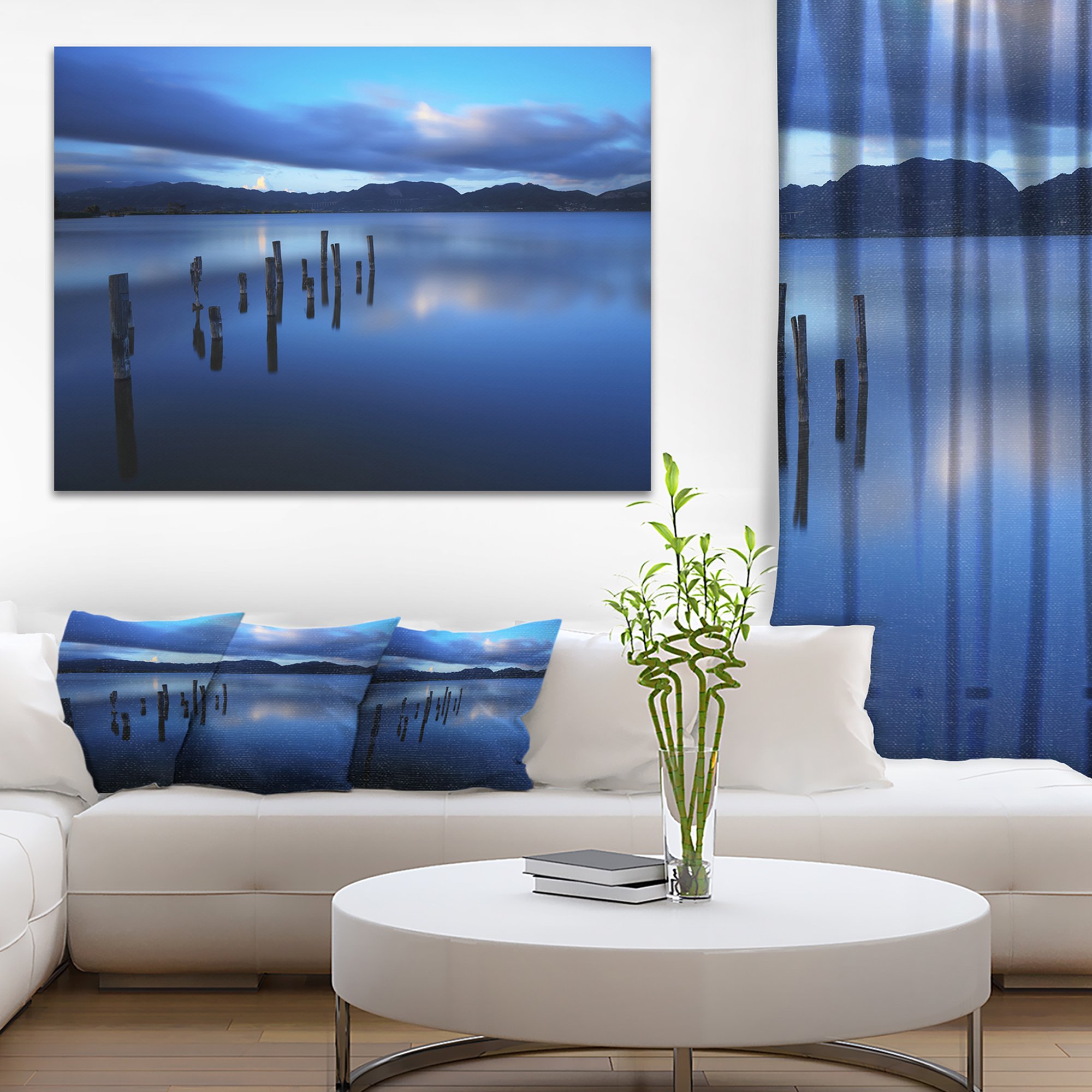 Dark Blue Seascape Canvas Art Print with Pier Remains - Coastal Wall Decor for Living Room, Bedroom & Office