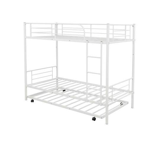 Twin-Over-Twin Metal Bunk Bed with Trundle, Ladders & Safety Rails - Converts to 2 Separate Beds, No Box Spring Required (White) | Perfect for Kids' Rooms, Guest Rooms & Small Spaces