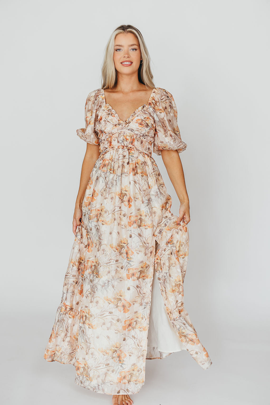 Bump Friendly Daphne Maxi Dress in Beige Multi - Inclusive Sizing S to 3XL for Maternity, Plus Size & Casual Wear