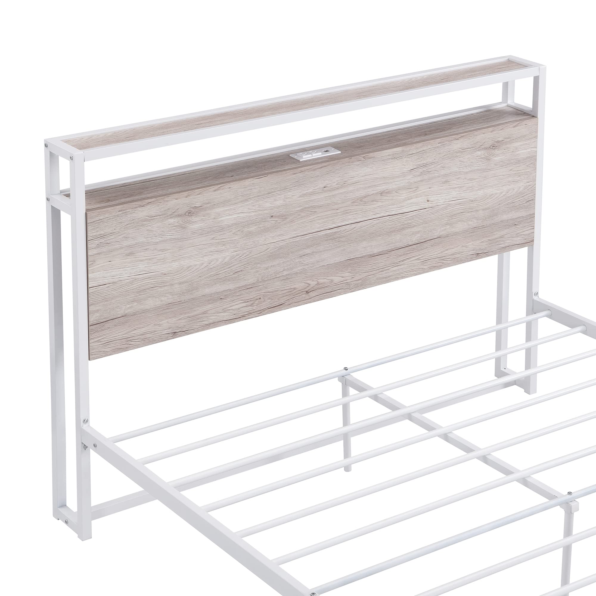 Full Size Platform Bed Frame with USB Ports & Outlets - Modern Metal Bed with Storage Drawers, Sturdy Slat Support & Center Legs - No Box Spring Needed (White) - Perfect for Small Spaces, Apartments & Modern Bedrooms