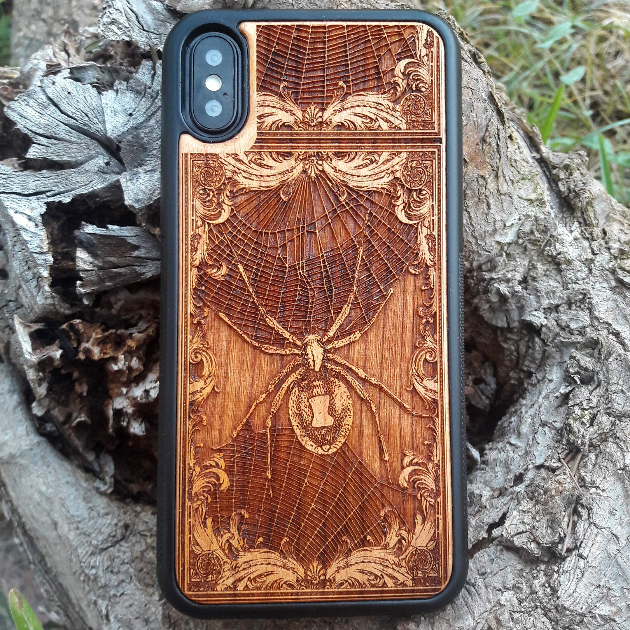 Black Widow Spider Laser Engraved Wooden Phone Case for iPhone 16/15/14/13/12/11 Pro Max/Mini & Galaxy S25/S24/S23/S22/S21/S20 Ultra Plus - Eco-Friendly Slim Durable Wood Cover - Perfect for Nature Lovers & Marvel Fans