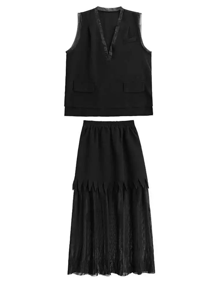 Black Big Size Vest Pleated Skirt Two-Piece Set - Women's Fashion V-Neck Sleeveless Outfit for Spring & Autumn 2025 (1DJ0261) | Trendy Office Wear & Casual Date Night Ensemble