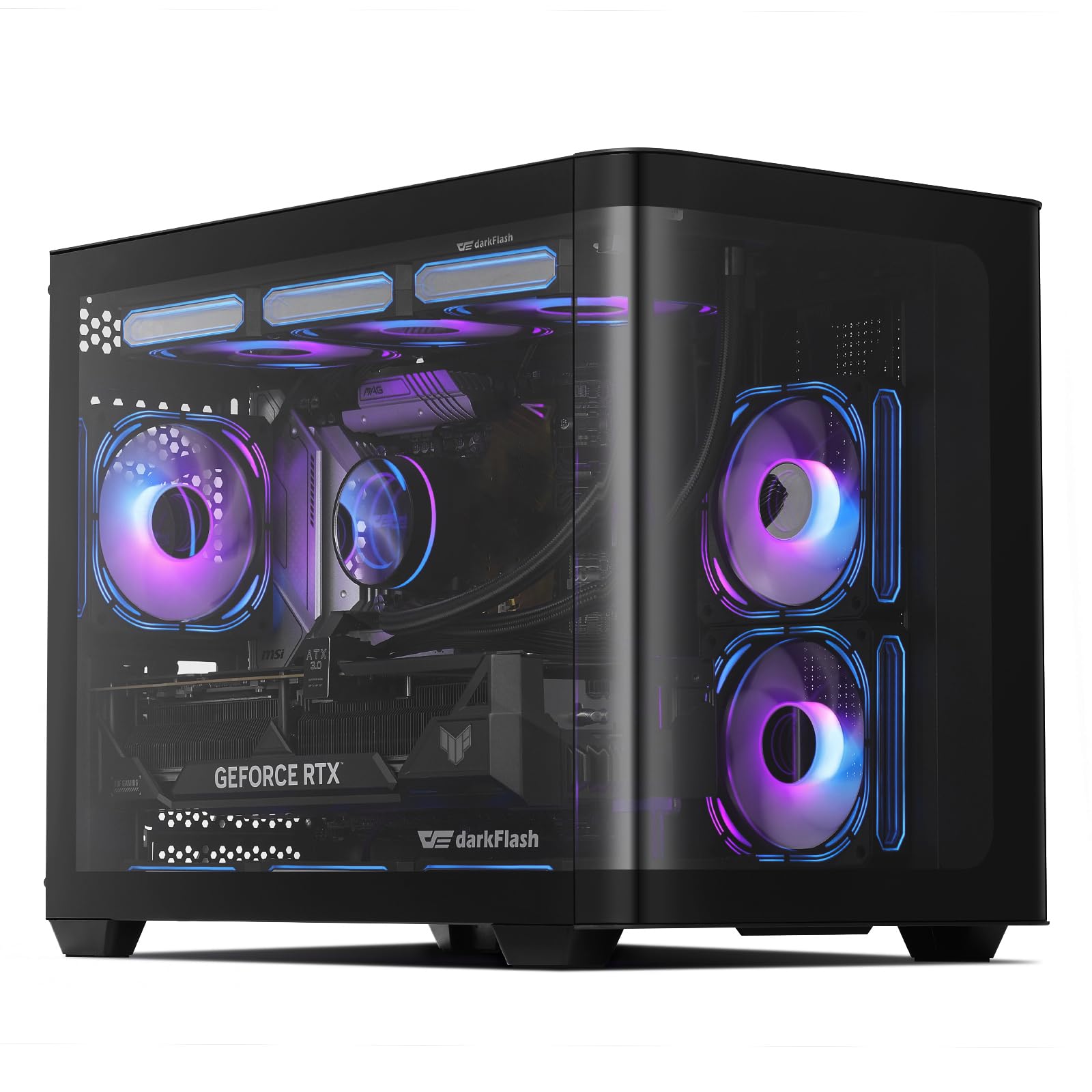 darkFlash Micro-ATX Gaming PC Case with 3x120mm ARGB Fans - Panoramic Dual Tempered Glass, USB 3.0, Supports Dual 360mm AIO (Black DPW90M) - Perfect for Compact Gaming Rigs & Streaming Setups