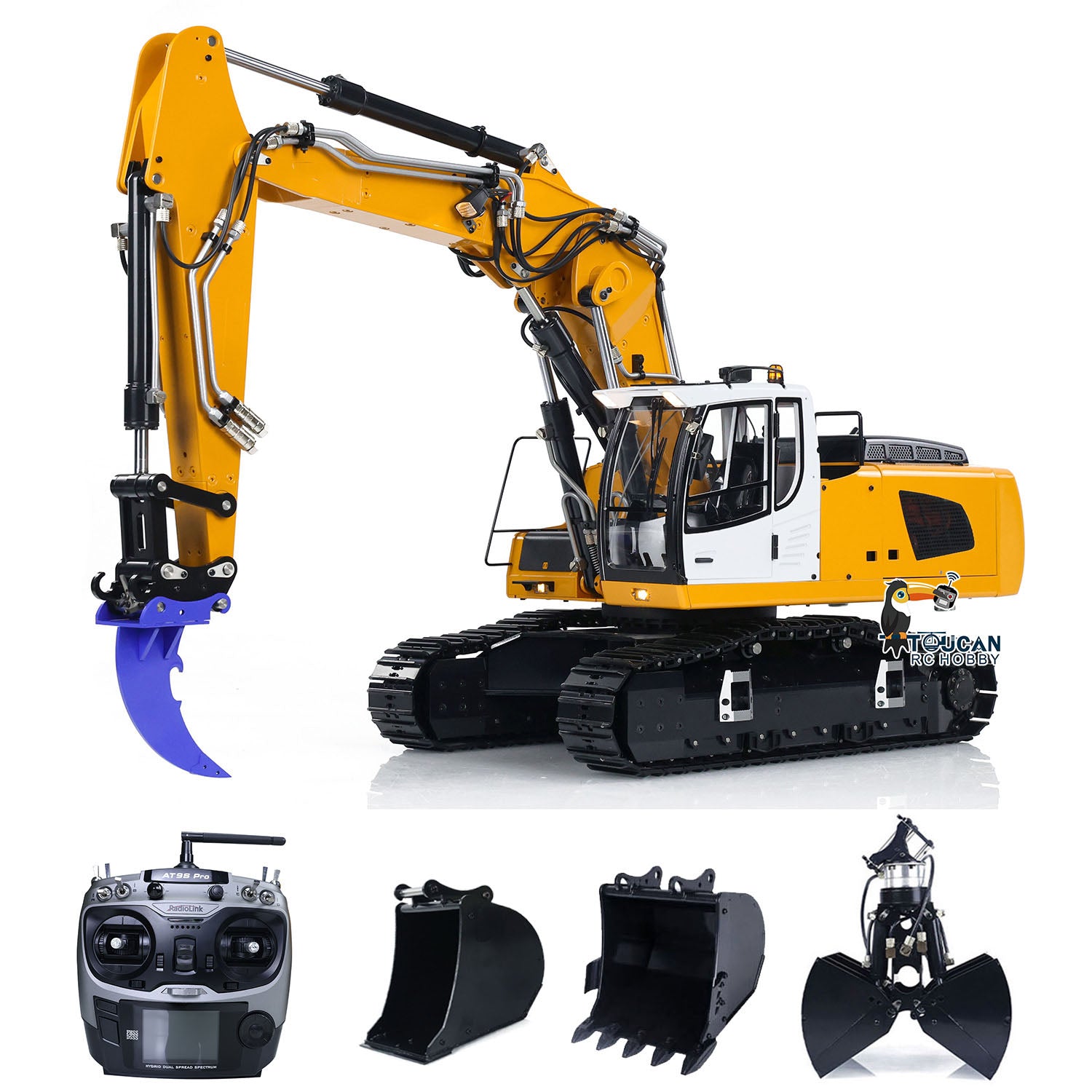 MTMODEL 1:14 Scale Metal RC Hydraulic Excavator Toy - 3 Arms Remote Control Heavy Construction Digger with Tiltable Clamshell Bucket | Realistic Construction Vehicle for Kids & Adults, Perfect for Sandbox Play & Collectors Display