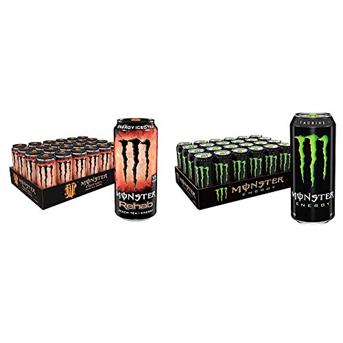Monster Rehab Peach Tea Energy Drink & Original Green Monster Energy Drink - 15.5oz & 16oz Cans (24 Pack Each) - Refreshing Iced Tea & Classic Energy Boost for Workouts, Gaming & All-Day Energy
