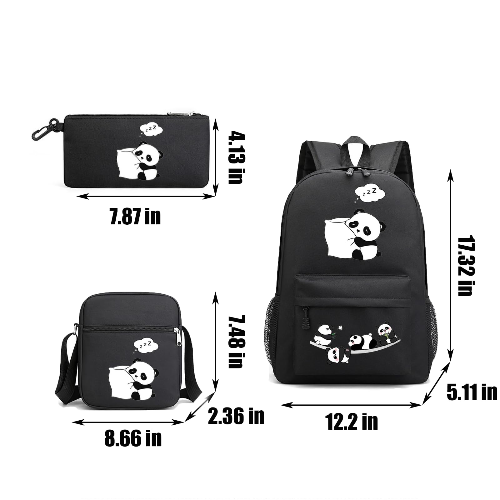3-Piece Panda Print Backpack Set for Boys & Girls - 17 Inch School Book Bag with Lunch Box & Pencil Pouch - Cute Black Panda Design for School, Travel & Sports Activities