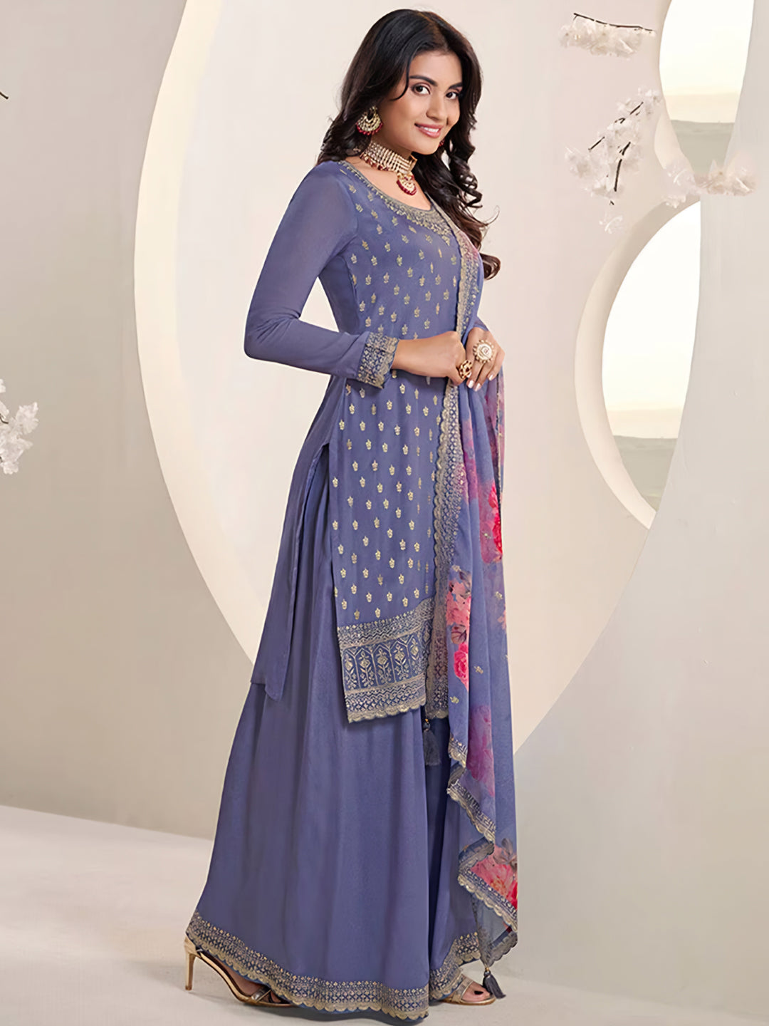 Stylish Blue Designer Sharara Suit with Printed Dupatta - Elegant Ethnic Outfit for Weddings, Parties & Festive Occasions