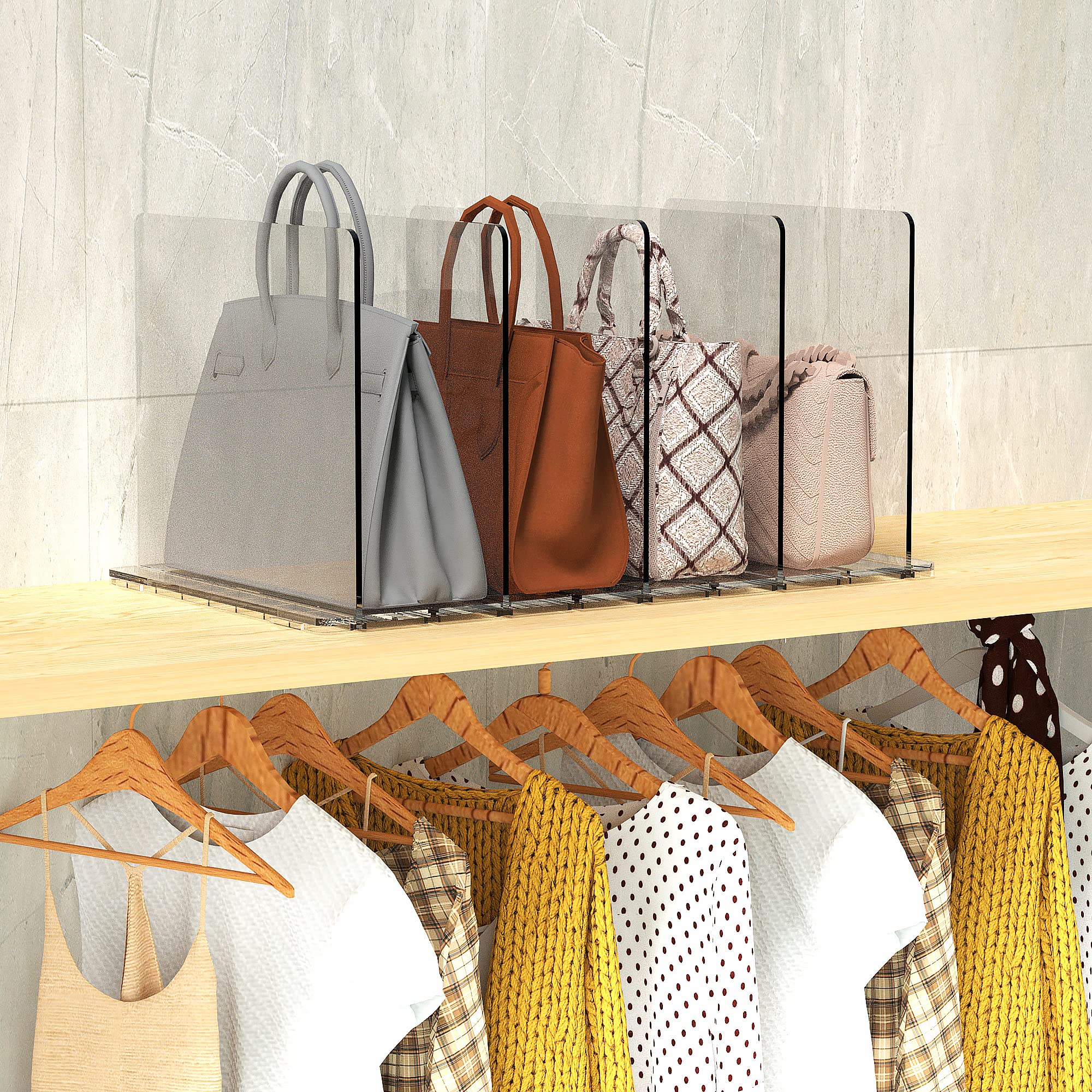 Clear Acrylic Shelf Dividers for Closet Organizer - Adjustable Purse & Handbag Organizer for Bedroom, Kitchen, Cabinets & Bookshelves - Set of 4 - Perfect for Closet Storage, Pantry Organization & Displaying Collections