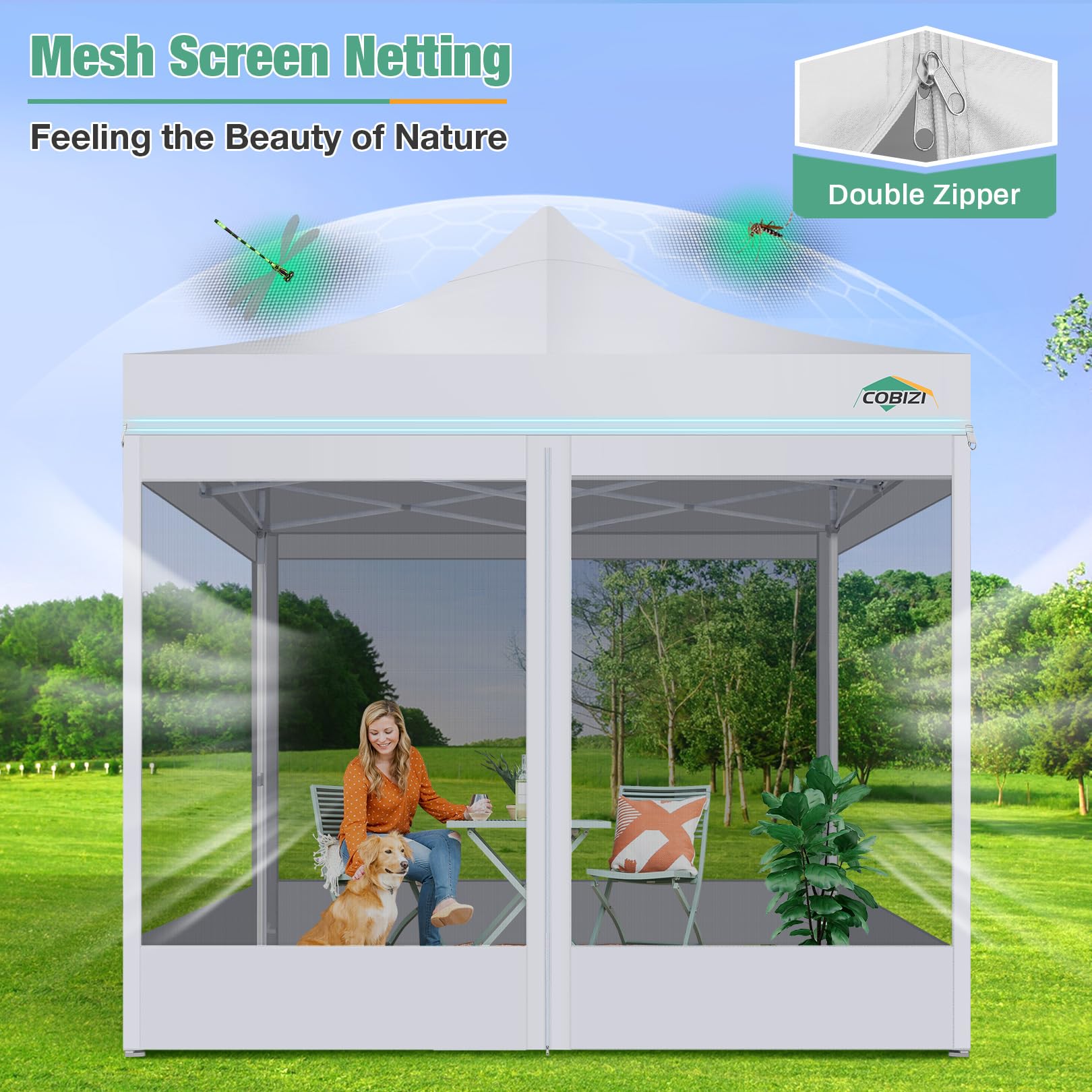 COBIZI 10x10 Heavy Duty Pop Up Canopy Tent with Waterproof Sidewalls & Mosquito Netting - Easy Setup Instant Shelter for Outdoor Parties, Weddings, Backyard Events - Includes Carry Bag (White)