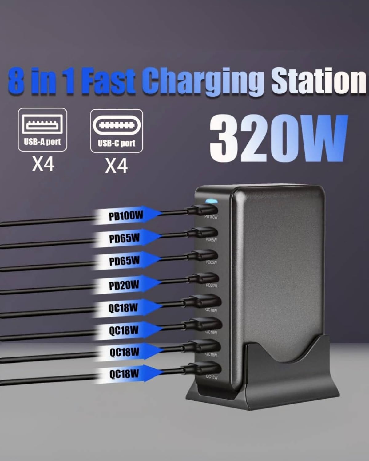 320W GaN III 8-Port USB C Fast Charging Station with PPS PD 100W - Compatible with MacBook Pro/Air, Dell, HP, Surface, iPhone 16/15/14, Galaxy S23, Steam Deck - Perfect for Home, Office & Travel Charging Multiple Devices Simultaneously