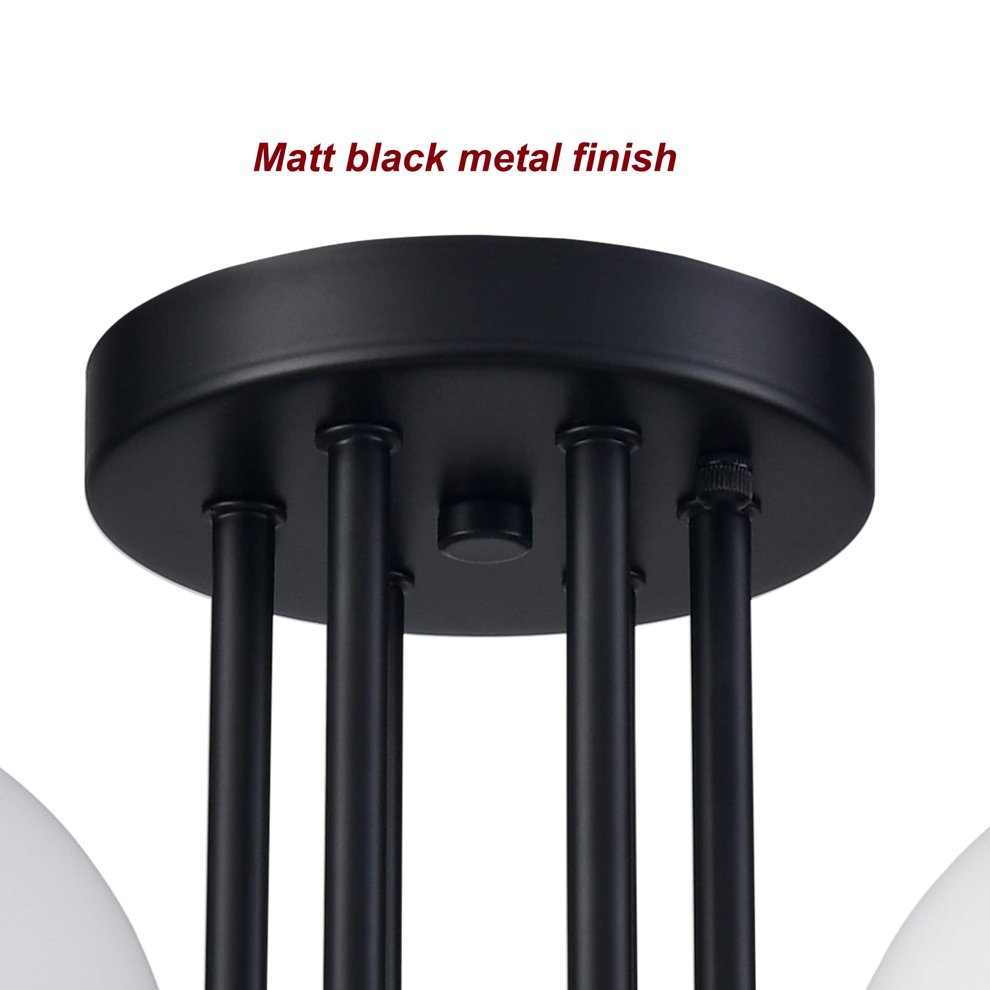 Modern 6-Light Black Metal Ceiling Light Fixture with White Glass Globe Shades - Semi Flush Mount Sputnik Chandelier for Living Room, Bedroom, Dining Room & Hallway - Perfect for Modern Home Decor & Ambient Lighting