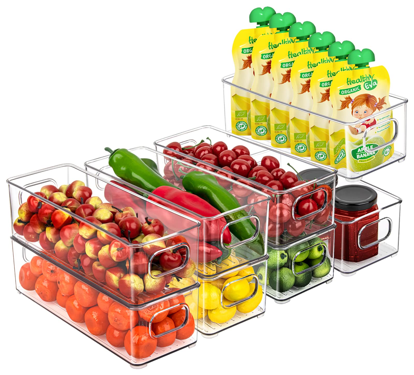 8 Pack Stackable Food Storage Bins with Handles - BPA Free Plastic Organizer Containers for Kitchen Pantry, Refrigerator & Freezer - Perfect for Organizing Snacks, Fruits, Vegetables & Leftovers
