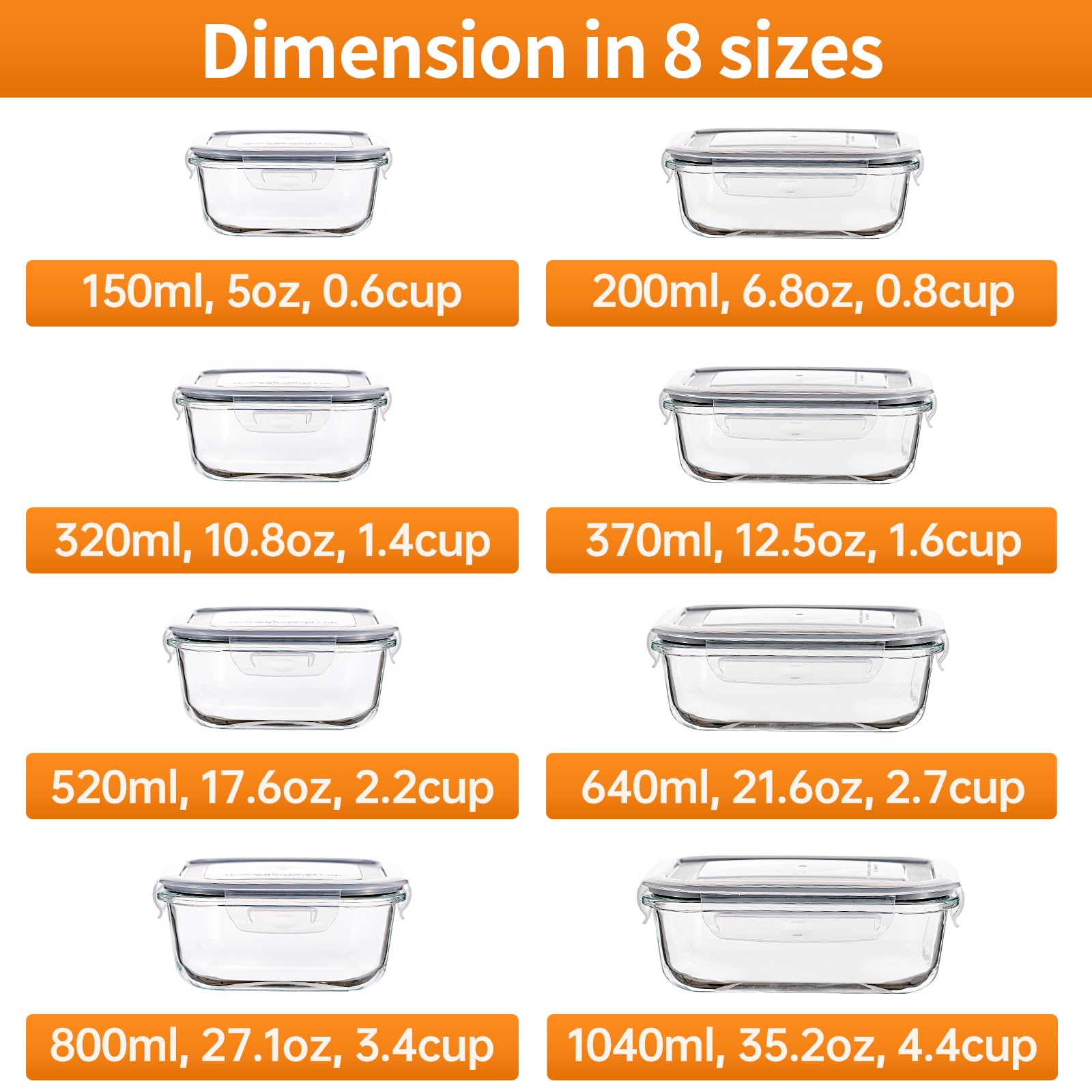 HOMBERKING 8-Pack Glass Food Storage Containers with Lids - Airtight Bento Boxes for Meal Prep, Microwave, Oven, Freezer & Dishwasher Safe - Leak Proof Locking, BPA Free (5-35oz) - Perfect for Office Lunch, Picnics & Leftovers Storage
