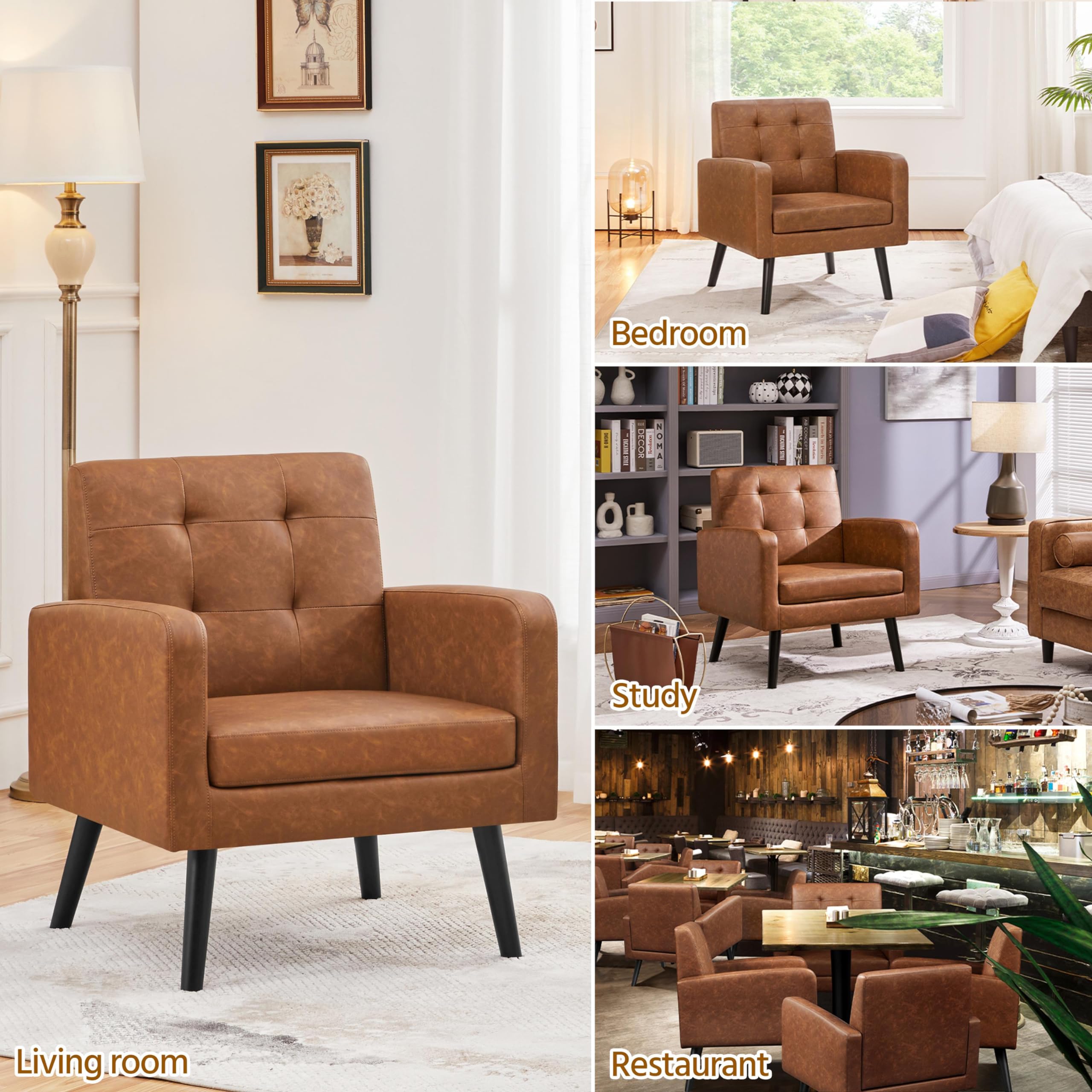 Yaheetech Mid-Century Modern Accent Chair - PU Leather Upholstered Living Room Armchair with Button Tufted Back & Wooden Legs, Retro Brown - Perfect for Bedroom, Home Office, Cafe and Lounge Decor